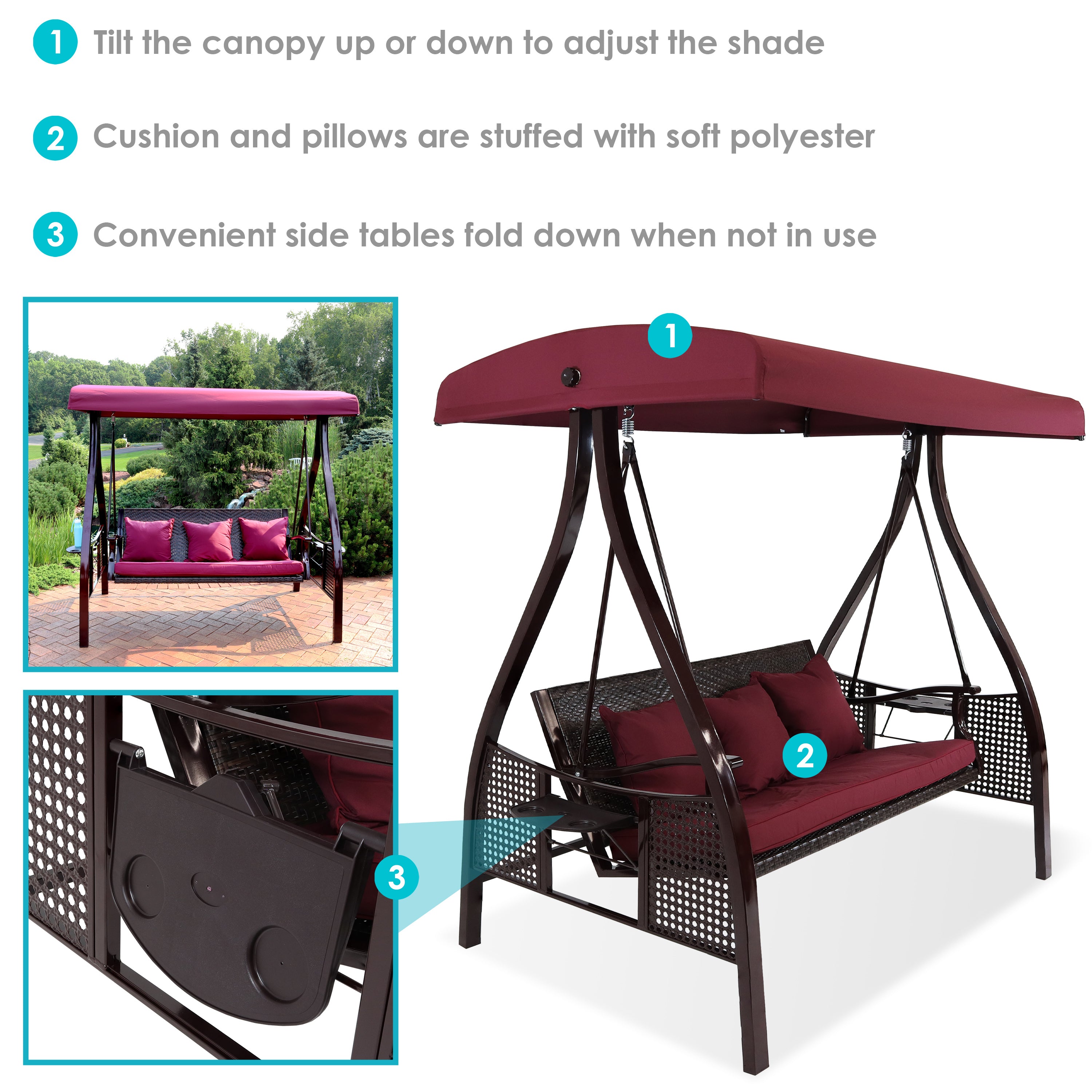 Sunnydaze 3-Person Steel Outdoor Patio Swing with Side Tables & Canopy - Merlot Red for Garden, Backyard, Porch Relaxation