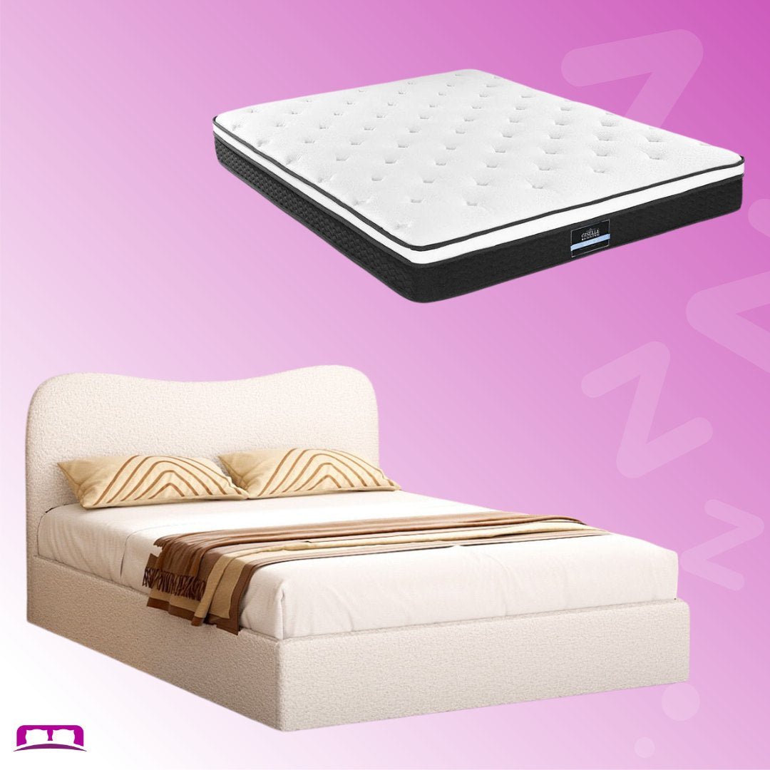 Albany Boucle Upholstered Bed Frame with Bonita Pillow Top Medium Firm Mattress Set - Queen Size, Double Package for Modern Bedroom, Guest Room & Dorm Decor