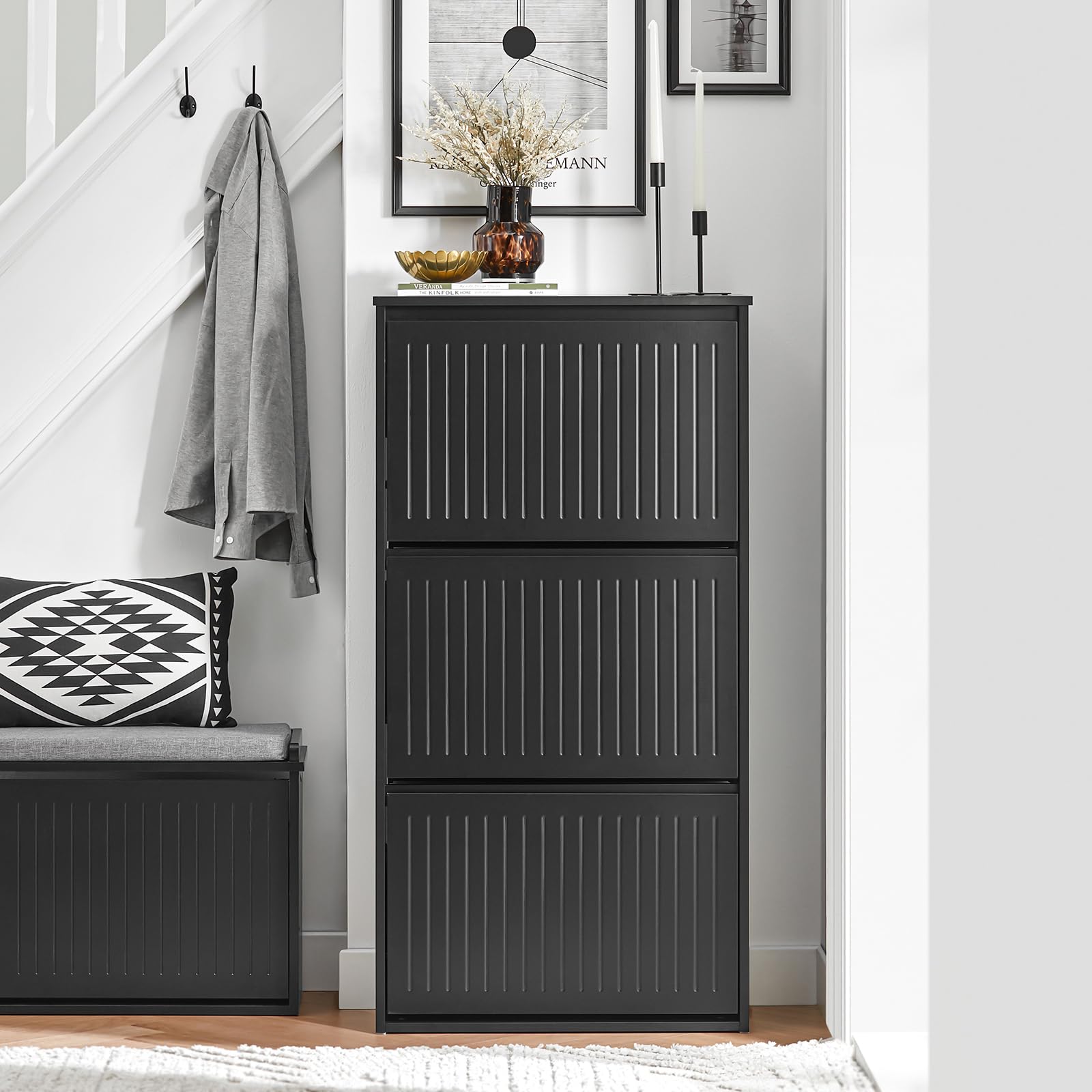 3-Tier Flip-Drawer Shoe Storage Cabinet - Freestanding Shoe Organizer for Entryway, Narrow Hallway - Space Saving Shoe Rack for Sneakers, Boots & Sandals - Perfect for Small Apartments & Closet Organization (Black)