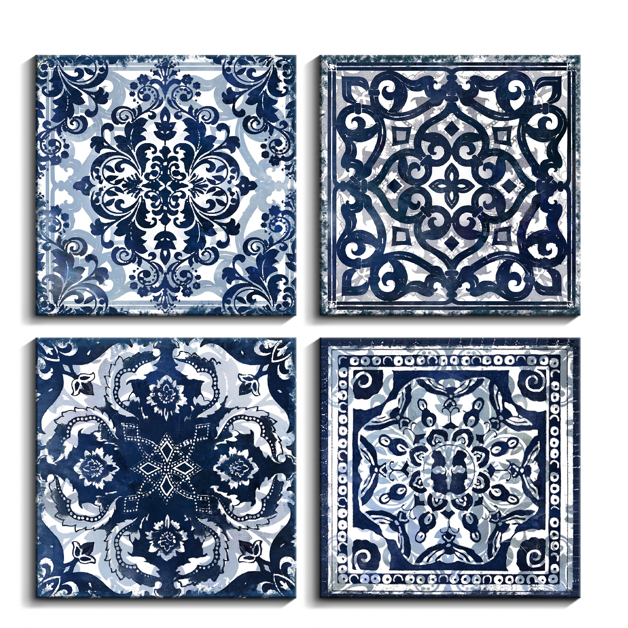 Modern Navy Blue Flower Canvas Wall Art - Set of 4 Framed Abstract Prints (14x14 Inch Each) for Bedroom & Bathroom Decor | Perfect for Home, Office, and Gift Giving
