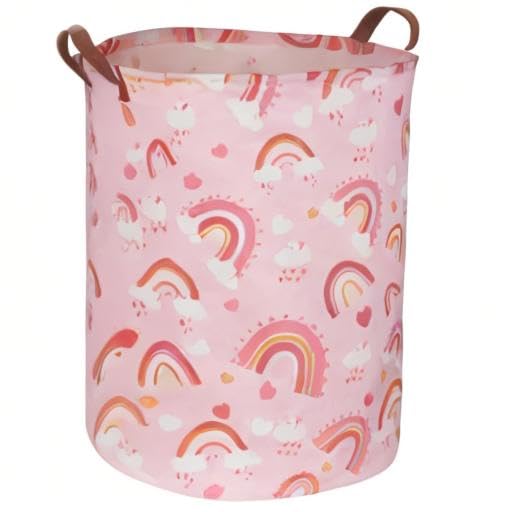 Pink Collapsible Laundry Hamper Basket - Rainbow Storage Organizer for Kids Room, Toy Storage, Girls Decor, Gift Hamper - Perfect for Bedroom, Nursery, Playroom & Dorm Organization