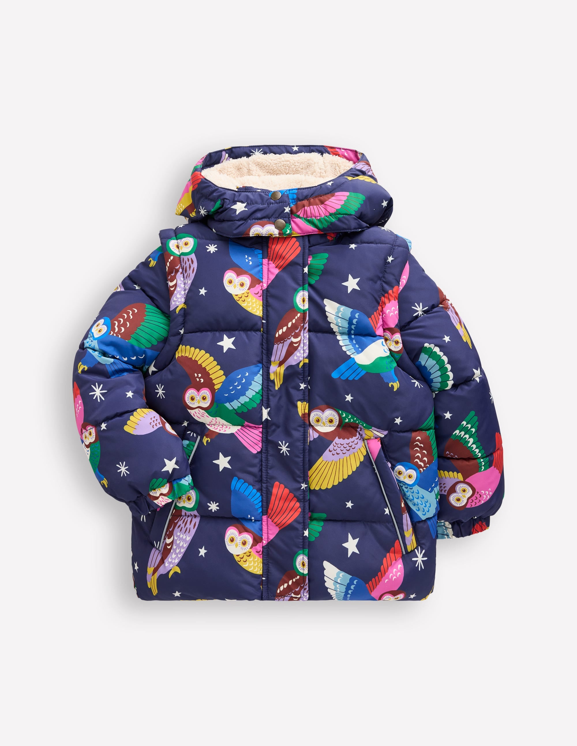 2 in 1 Padded Coat for Women - College Navy Owls Design | Warm Winter Jacket with Removable Inner Layer | Perfect for Outdoor Activities & Casual Wear