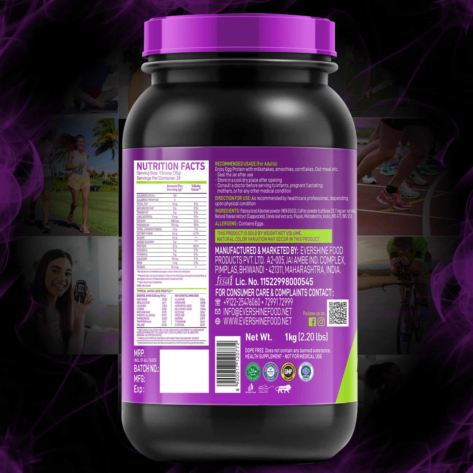 R.U.N-RISE UP NUTRITION Egg White Protein Powder for Athletes & Fitness | 27g Protein, 14g EAA | Lactose, Soy & Gluten Free | Supports Immunity & Muscle Recovery | Cappuccino Flavor - 1kg | Perfect for Post-Workout & Healthy Lifestyle