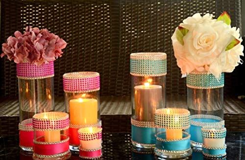 4-Piece Glass Cylinder Vase Set with Rhinestone Candle Holders - Elegant Wedding Centerpiece, Bridal Shower Decor & Christmas Table Decor - Perfect for Bouquet Displays, Sweet Sixteen Parties and Indian Weddings