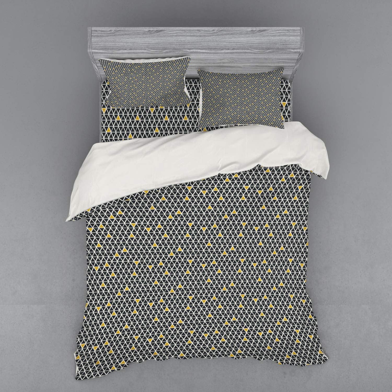Ambesonne Geometric Duvet Cover Set - Modern Rhombus Diamond Triangle Pattern 4-Piece Queen Bedding with Shams & Fitted Sheet in Black White Yellow | Perfect for Contemporary Bedrooms, Guest Rooms & Dorm Decor
