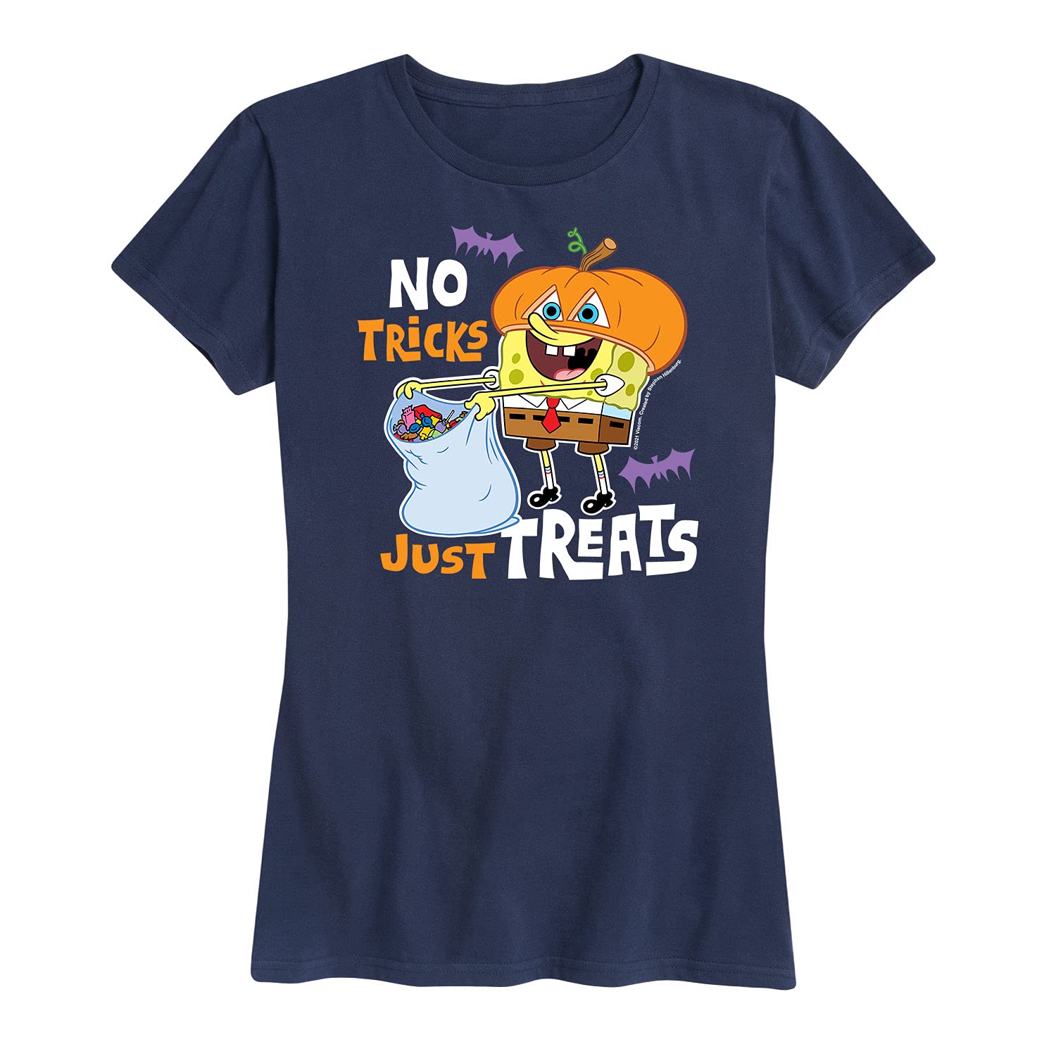 HYBRID APPAREL Women's Spongebob Squarepants No Tricks Just Treats Graphic T-Shirt - Short Sleeve Casual Tee for Halloween, Cosplay & Everyday Wear