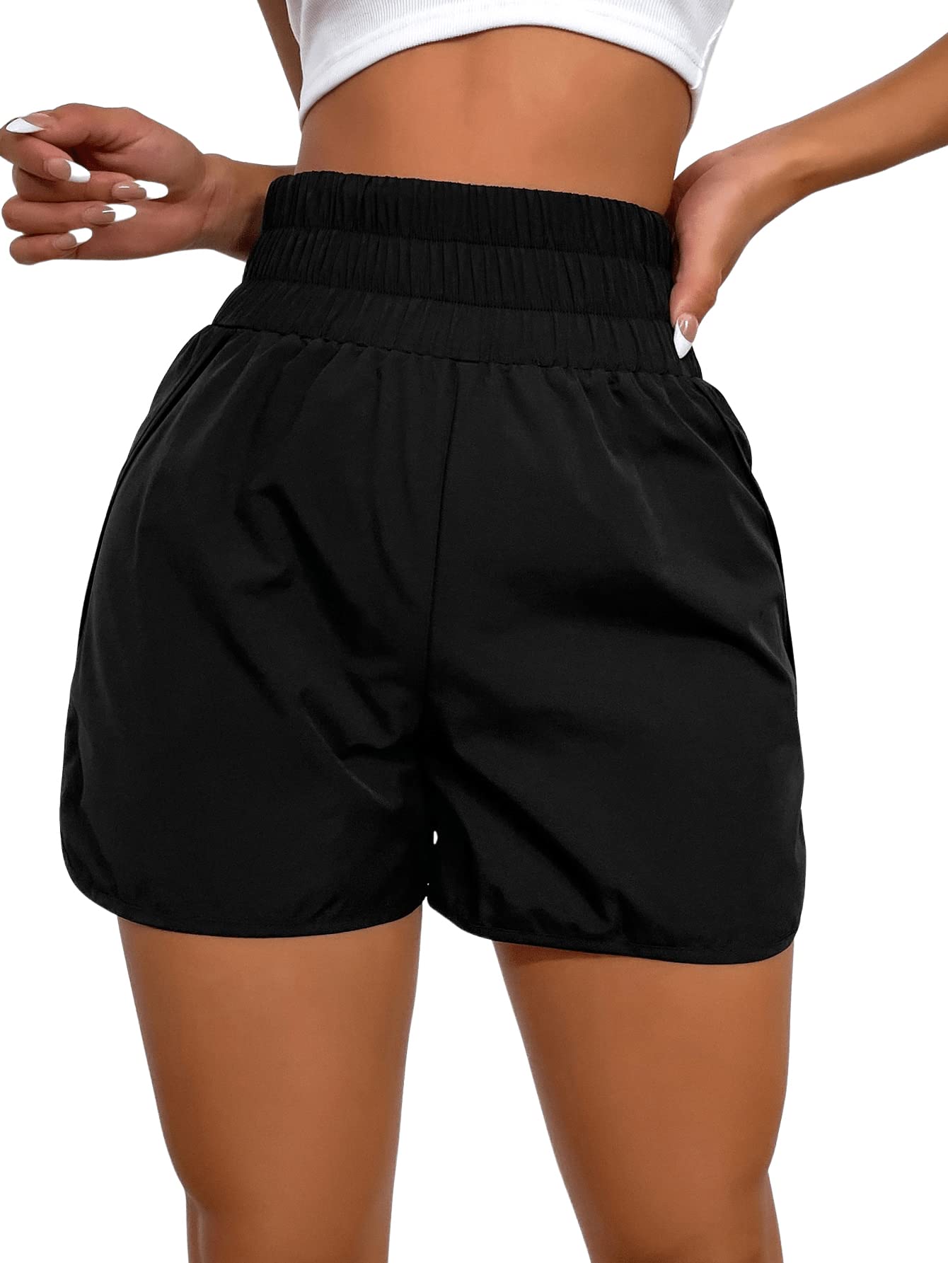 Romwe Women's High Waist Athletic Shorts - Wide Band Curved Hem Workout Running Shorts for Gym, Yoga & Active Lifestyle