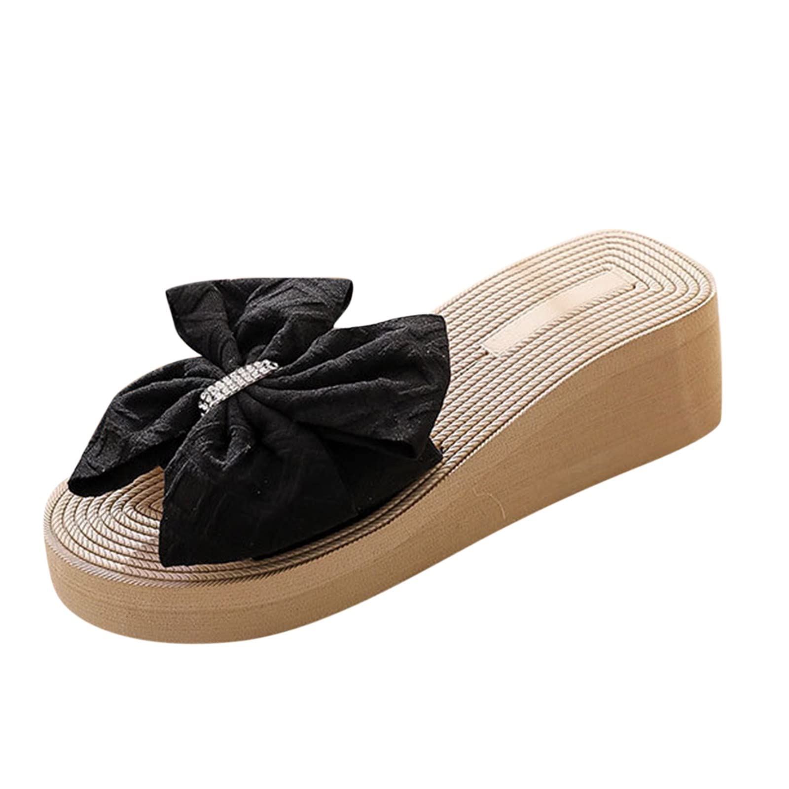Stylish Women's Rhinestone Bow Platform Wedge Sandals - Summer Beach Slide Slippers for Women | Comfortable & Fashionable (Black, Size 7) | Perfect for Beach Vacations, Pool Parties & Casual Outings