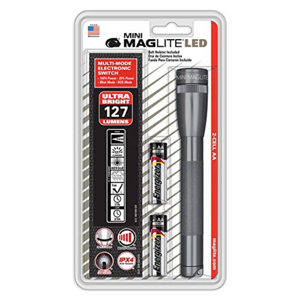 Maglite Mini LED 2-Cell AA Flashlight with Holster - Bright, Durable Gray Flashlight for Camping, Hiking & Emergency Use