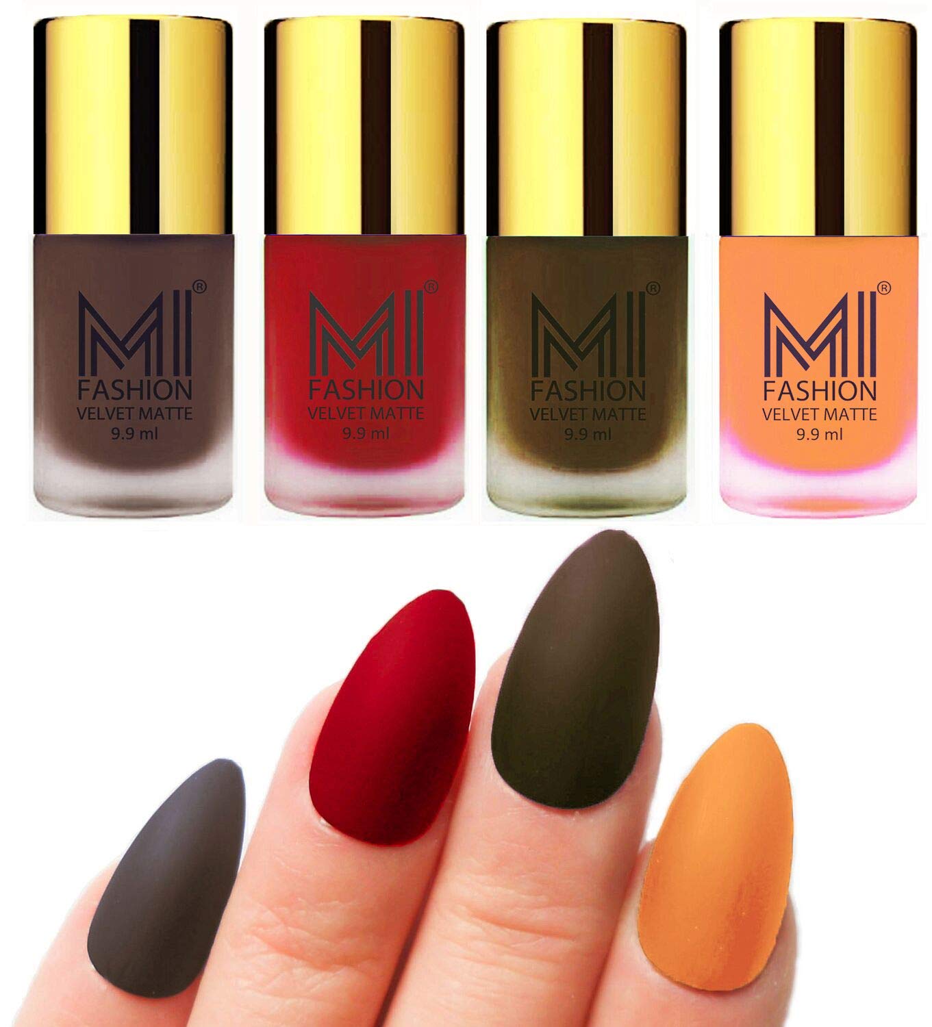 MI FASHION Velvet Matte Nail Polish Set - 4 Trendy Colors (9.9ml) Coffee, Tomato Red, Olive Brown, Saffron Orange - Long Lasting Vegan Nail Enamel for Women | Perfect for Fall Nails, Date Night, Office Look & Special Occasions