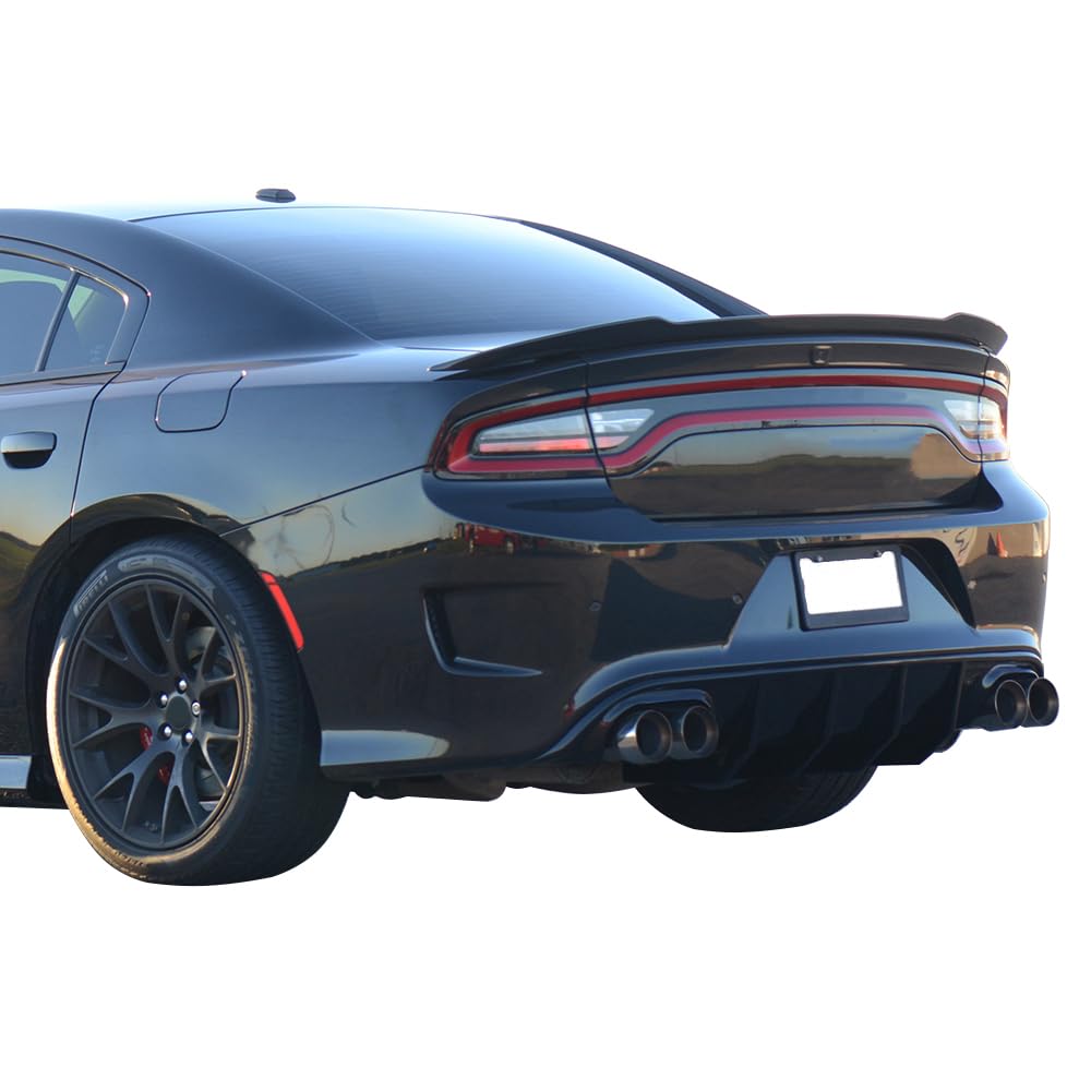 IKON MOTORSPORTS Front Bumper Lip Spoiler & Rear Diffuser for 2015-2023 Dodge Charger SRT - Quad Exhaust Design with White Reflective Tape - Aggressive Styling Upgrade for Street Racing & Car Shows