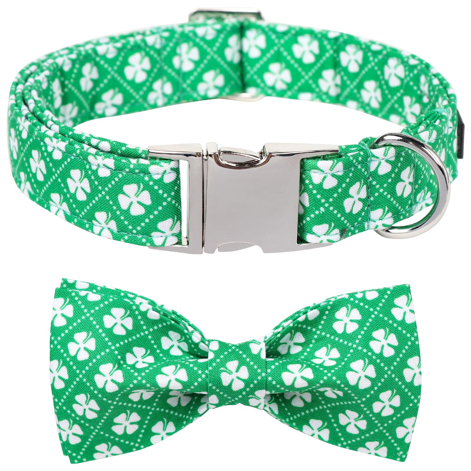 St. Patrick's Day Dog Collar with Adjustable Bow Tie - Irish Clover Shamrock Design in Verdant Green Checkered Pattern for Small, Medium & Large Dogs - Perfect for Puppy, Pet Costume Parties & St. Patrick's Day Celebrations
