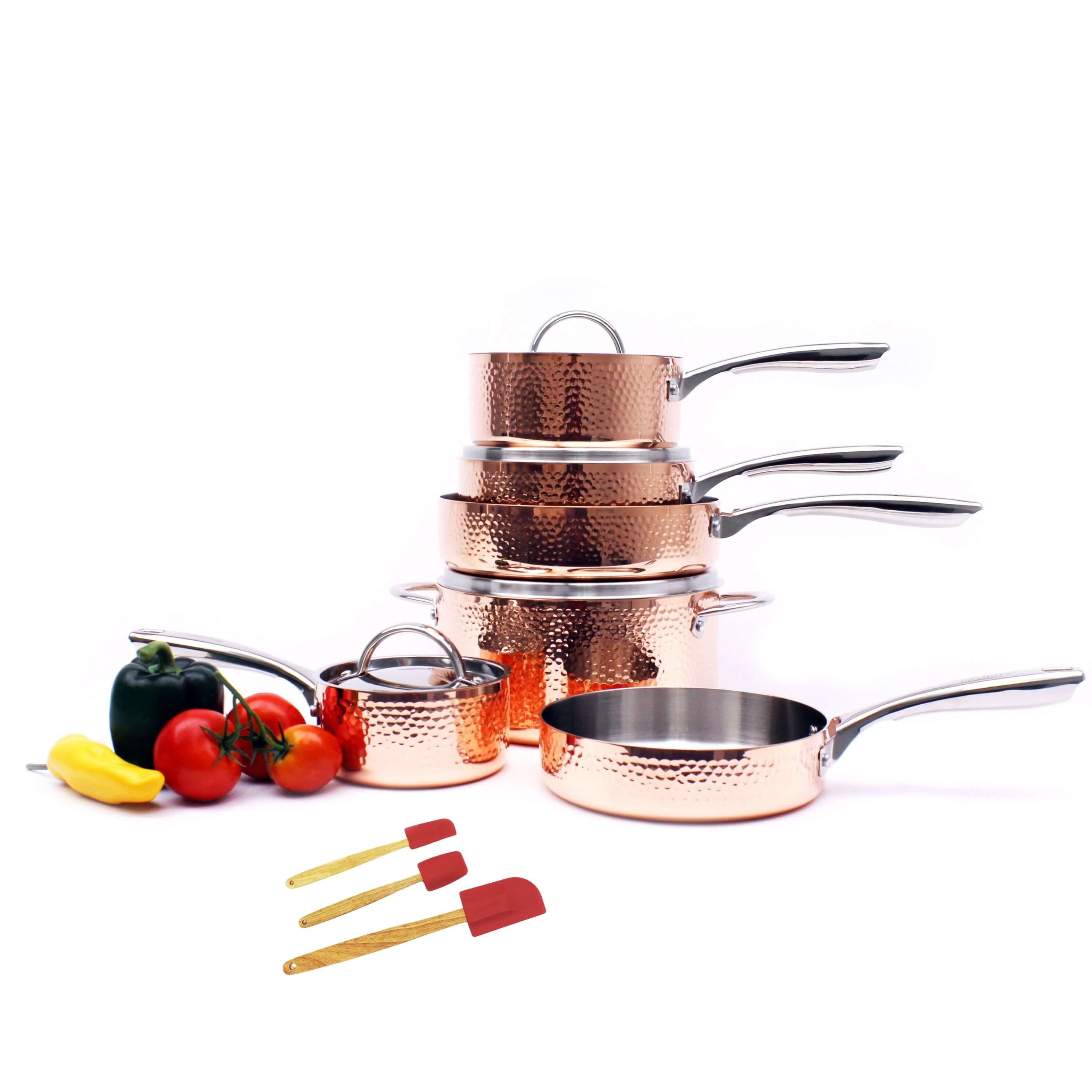 BergHOFF Vintage 13-Piece Tri-Ply Copper Cookware Set with Lids - Hammered Finish for Professional Cooking & Home Kitchen Use