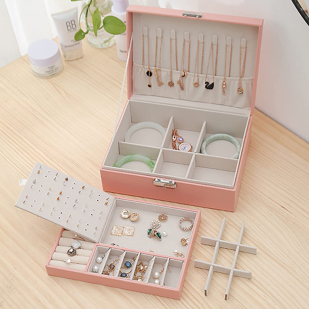 NuAngela Large 2-Layer Jewelry Box Organizer for Women & Girls - PU Leather Jewelry Storage Case with Removable Tray for Necklaces, Earrings, Rings, Bracelets - Perfect for Travel, Home Decor & Gift Giving (Pink)