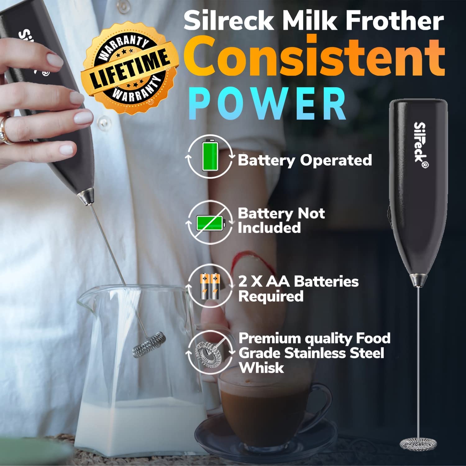Electric Milk Frother for Coffee & Cappuccino - Handheld Automatic Milk Foam Maker with Whisk for Latte, Hot Chocolate & Milkshakes - Perfect for Home, Office & Coffee Shops (Black)
