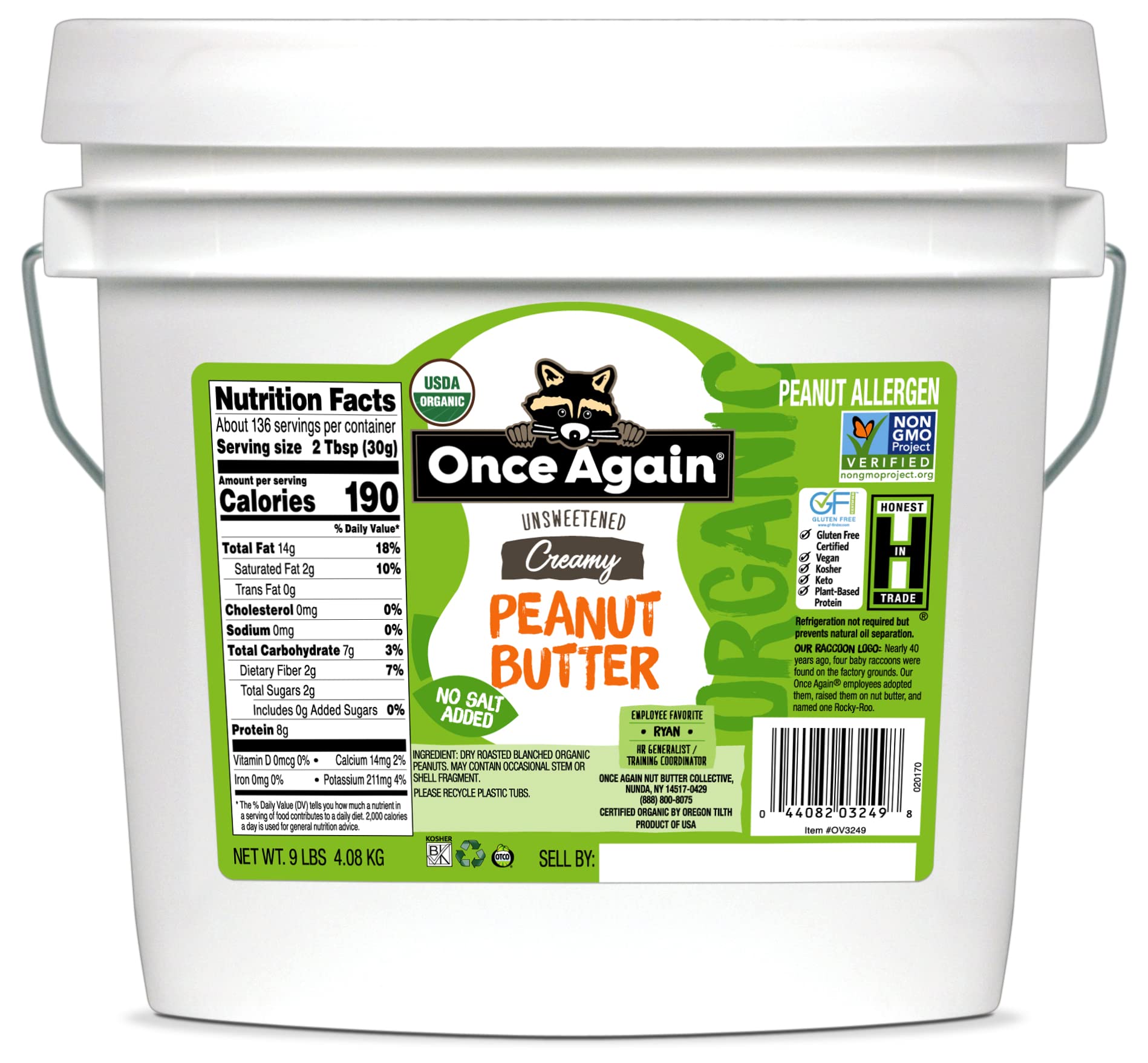 Once Again Organic Creamy Peanut Butter, 9lbs Bulk Jar (Equivalent to 9 Individual Jars) - No Salt Added, Unsweetened, USDA Organic Certified, Gluten Free, Vegan & Kosher - Perfect for Smoothies, Baking & Healthy Snacks
