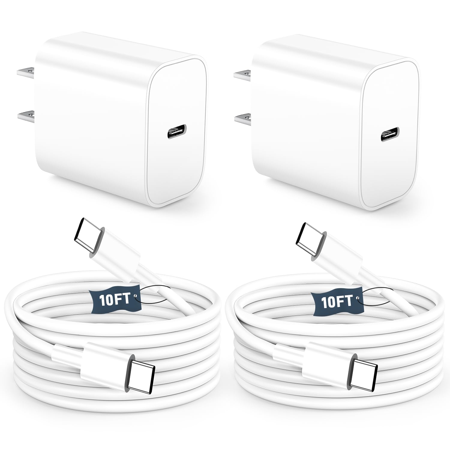 2-Pack 20W USB C Fast Charger Block with 10FT USB C Cable for iPhone 16/15 Pro Max Series, iPad Pro 12.9/11 inch, AirPods Pro & Pixel 8/7/6 - Quick Charging Wall Adapter for Home, Office & Travel
