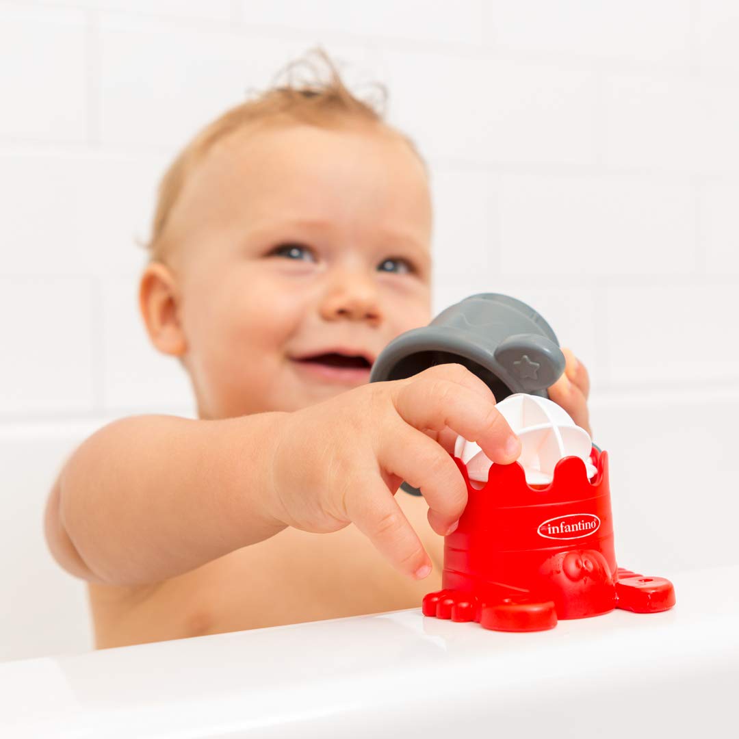 Infantino 8-Piece Stacking Cups Set with Water Mill – 7 Colorful Pyramids + 1 Interactive Water Mill – Perfect for Bathtime Fun & Early Learning Development