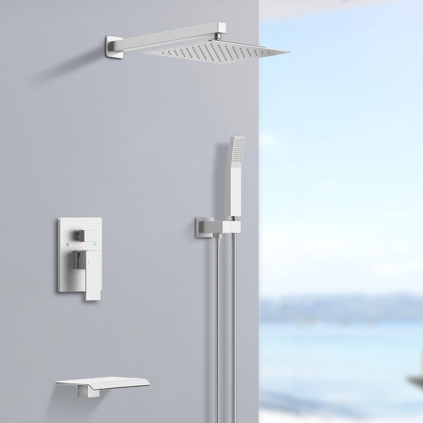 10 Inch Square Rainfall Shower System - Brushed Nickel Tub Shower Faucet Set with Handheld Sprayer, Waterfall Tub Spout & Pressure Balance Valve | Luxury Bathroom Upgrade for Spa-Like Experience