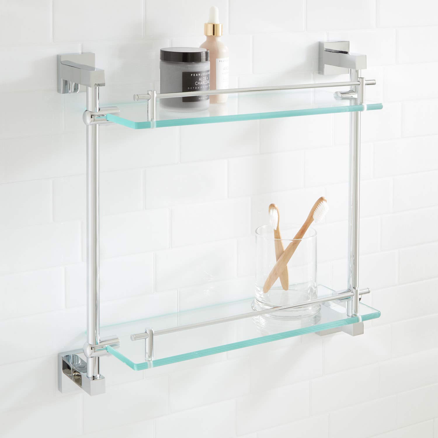 Signature Hardware 295819 Albury 17-Inch Chrome Bathroom Glass Shelf - Modern Bathroom Storage for Shower, Vanity & Spa Organization