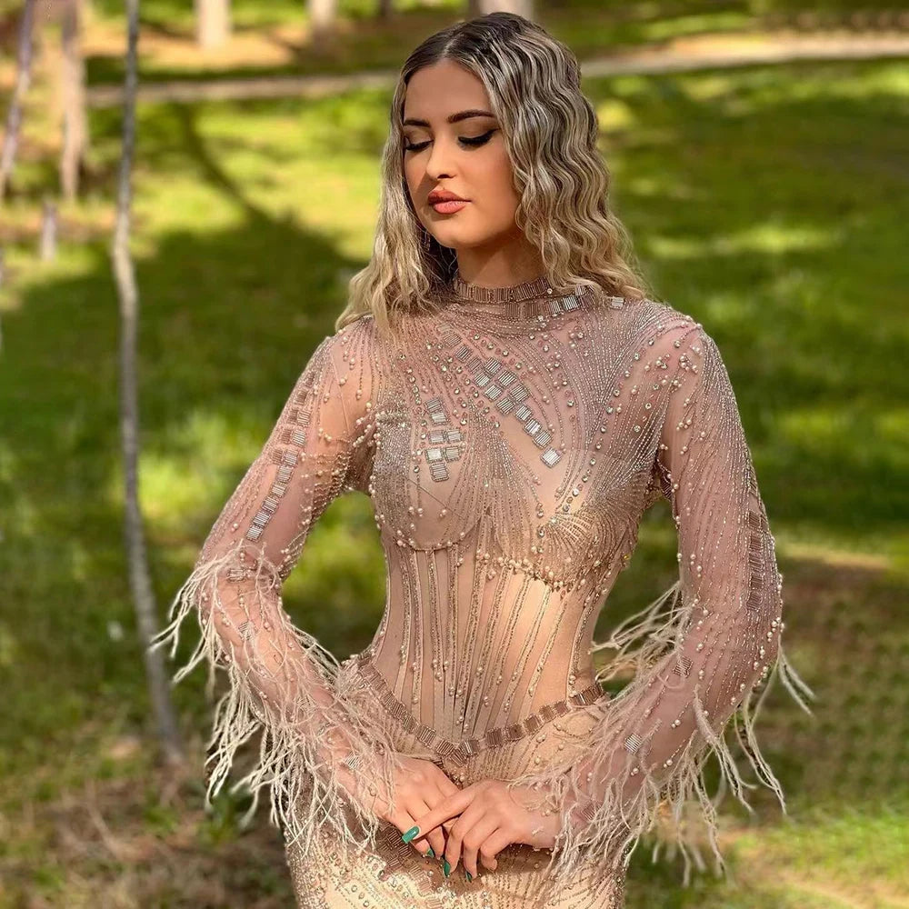 Elegant Dubai Gowns - Nude Illusion Pearl Beaded Feather Mermaid Long Evening Dresses for Women | 2025 Wedding Party & Formal Gala Dresses | Perfect for Red Carpet Events, Bridal Showers & Luxury Evening Occasions