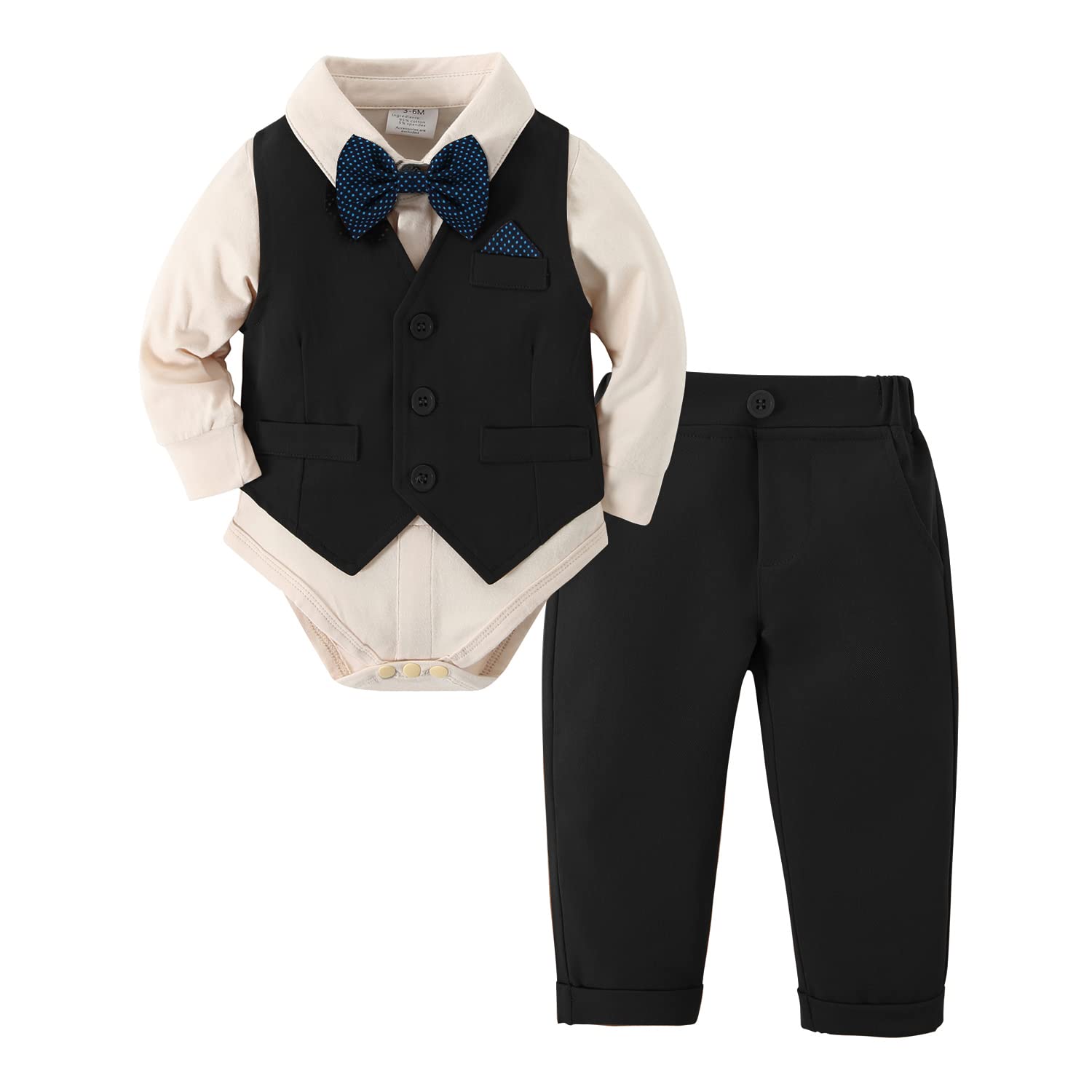 DISUAR Baby Boy Clothes Set - 4PC Gentleman Outfit with Romper, Vest, Pants & Bow Tie | Soft Cotton Toddler Suit for Special Occasions, Photos & Parties