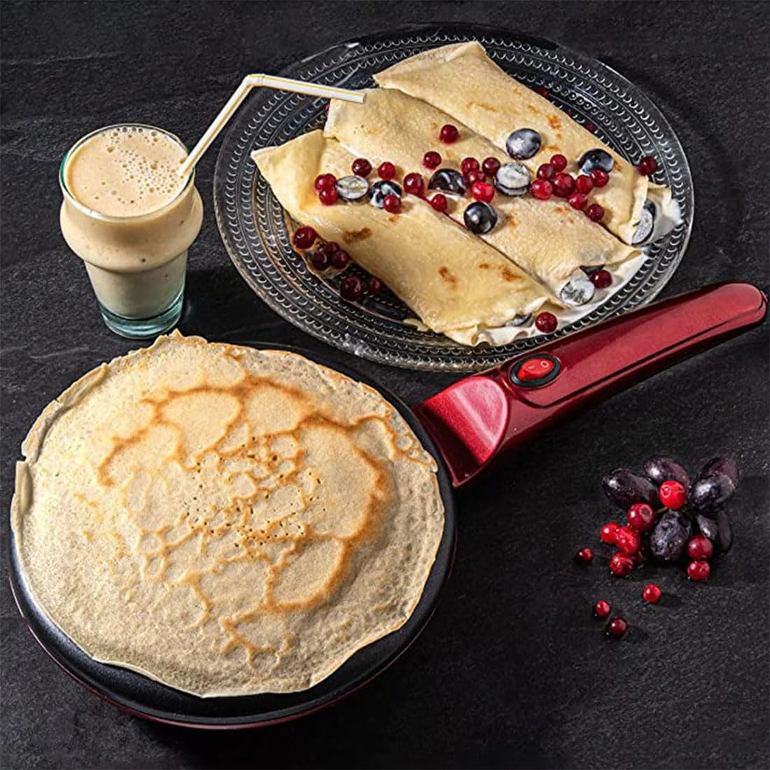 Electric Crepe Maker with Nonstick Coating & Auto Temperature Control – Perfect for Crepes, Pancakes, Roti, Tortillas & Bacon – Includes Whisk & Spatula (1Pcs) – Ideal for Breakfast, Brunch & Quick Meals at Home