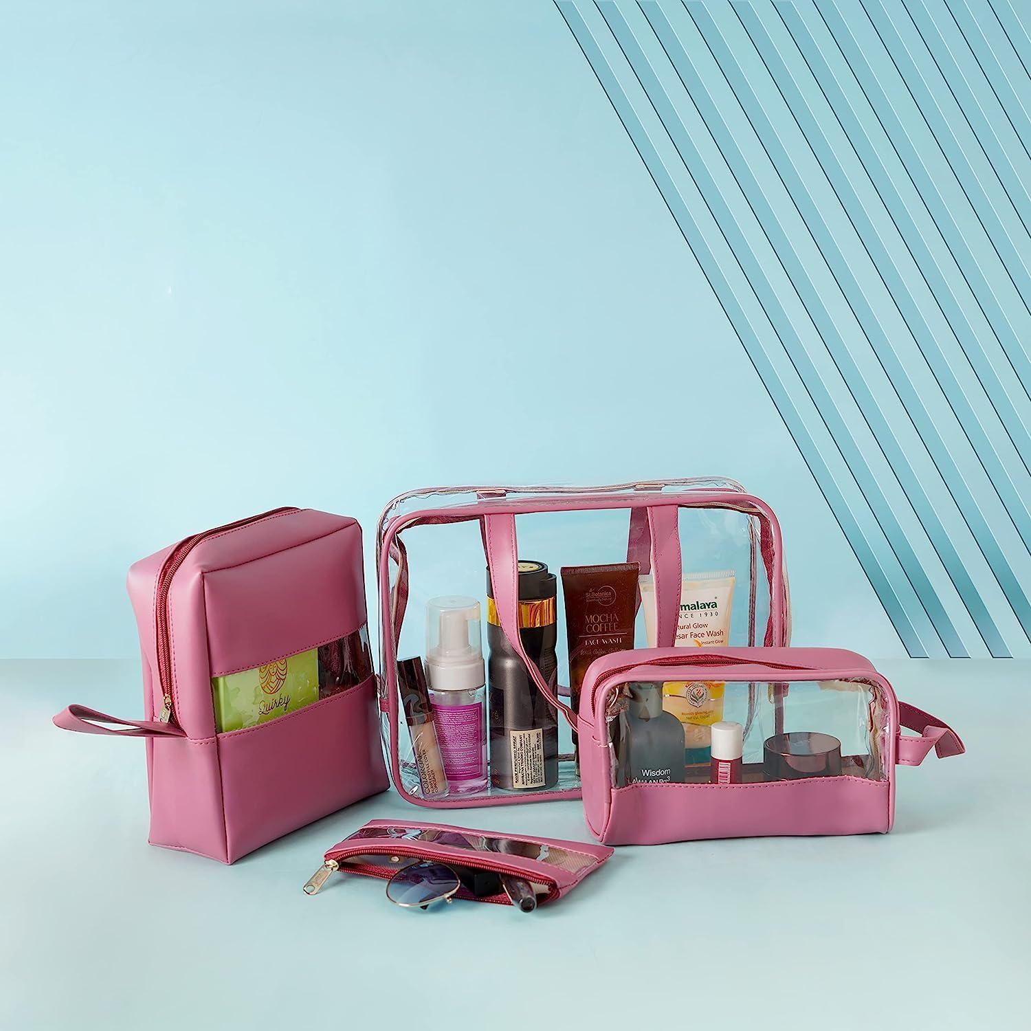 Hexwell 4-Piece Travel Cosmetic Organizer Set - Waterproof Makeup & Toiletry Pouch Bag for Women, Men & Girls (Pink) - Perfect for Airplane Carry-On, Gym, Camping & Vacation Essentials Storage