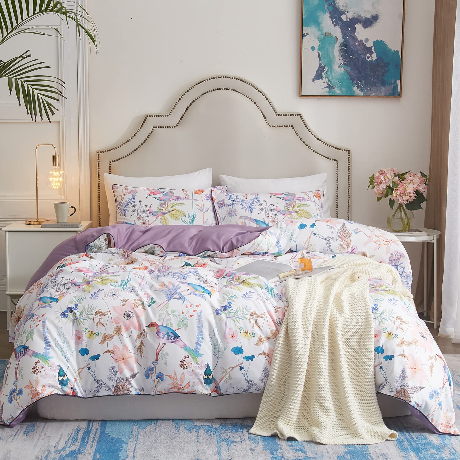 VM VOUGEMARKET Floral Duvet Cover Set - Queen Size 3 Piece Botanical Flower Leaves Bird Pattern Bedding with Zipper Closure, Light Purple Lilac - Perfect for Spring Bedroom Decor, Guest Room & Master Suite