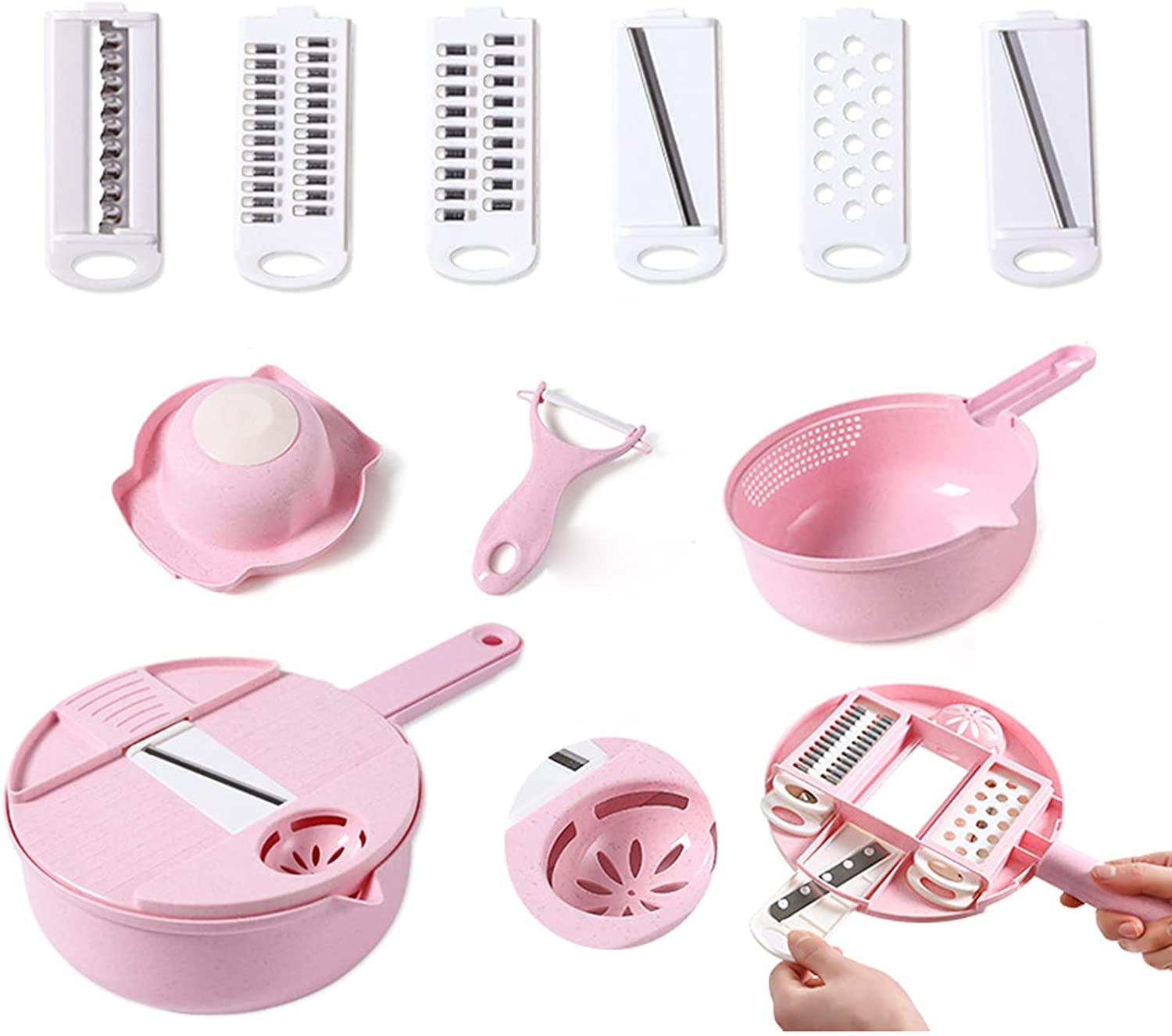 12-Piece Multifunctional Vegetable Cutter Set - Plastic Veggie Slicer with Ergonomic Handle, Potato Shredder & Kitchen Grater for Salad Prep - Perfect for Home Cooking & Meal Prep (Pink)