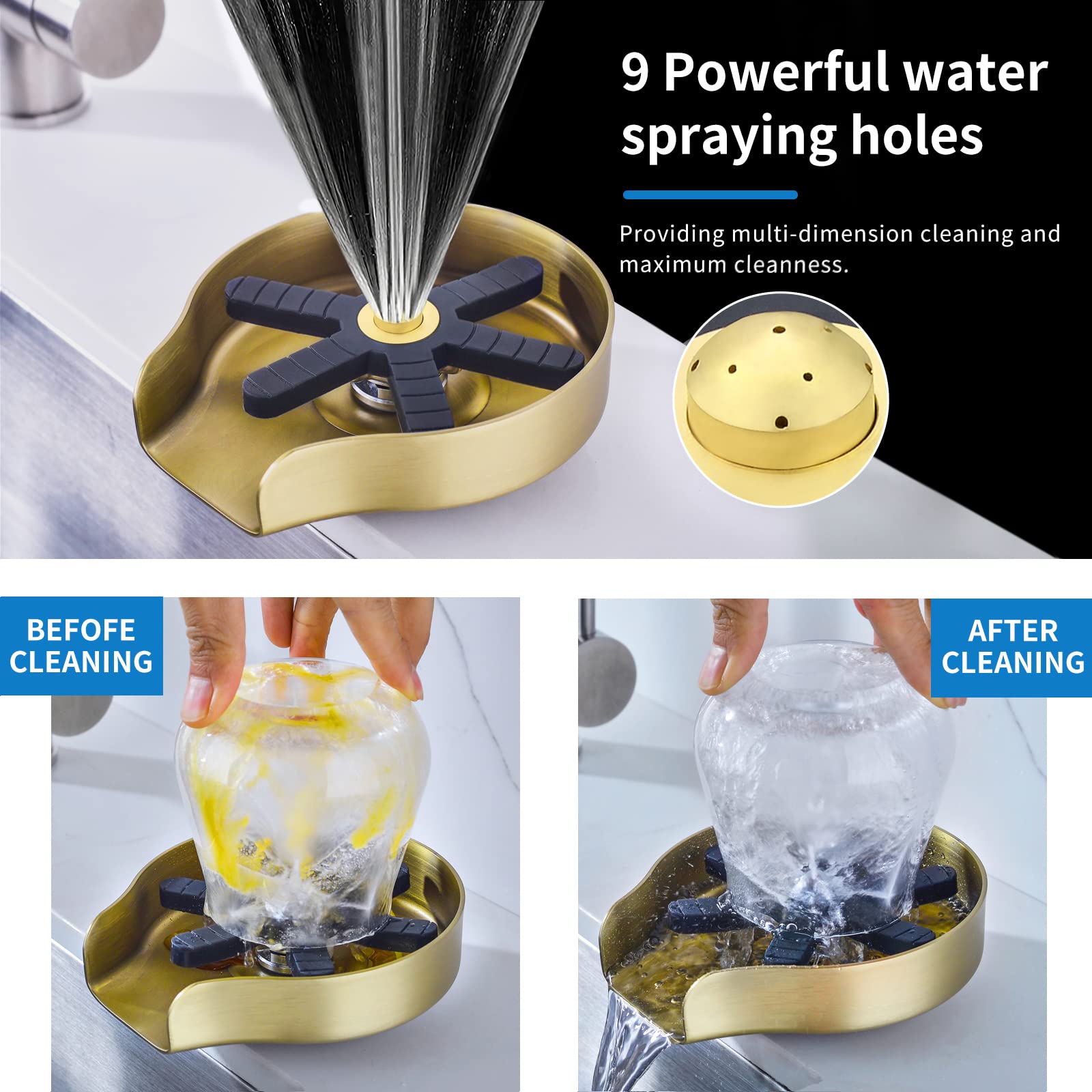 Gold Metal Kitchen Sink Glass Rinser - Efficient Cup & Baby Bottle Washer Cleaner, Premium Kitchen Sink Accessory for Wet Bars & Home Use