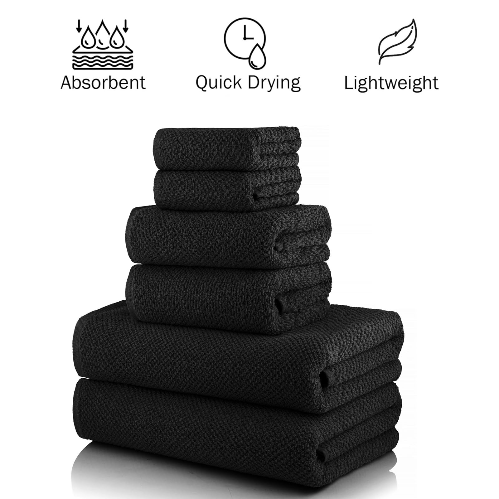 CASA COPENHAGEN 6-Piece Popcorn Textured Cotton Towel Set - 2 Bath Towels, 2 Hand Towels, 2 Washcloths (Black, 550 GSM) - Soft & Durable for Bathroom, Spa, Gym, and Beach Use - Perfect Gift Set for Home & Travel