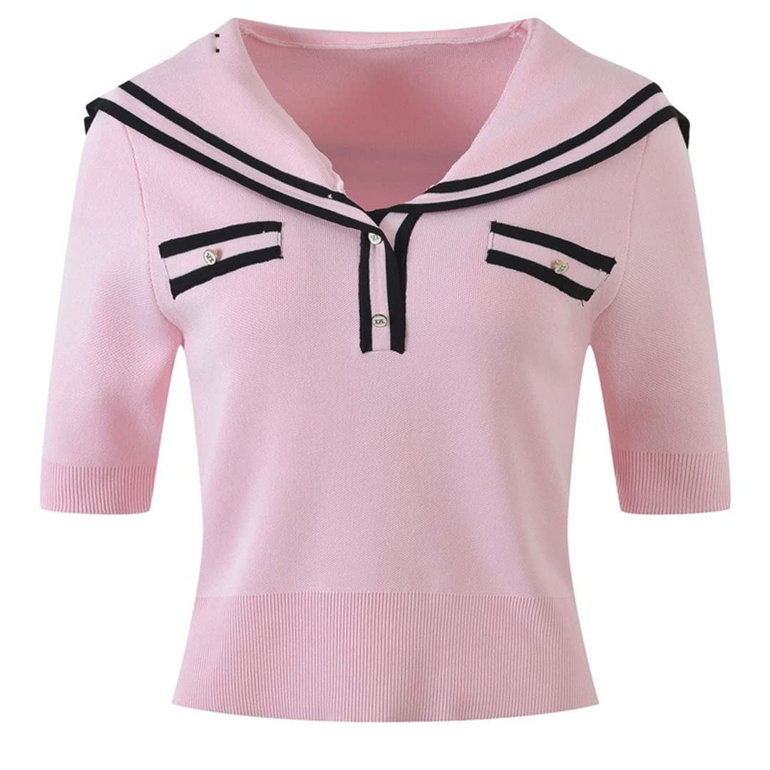 Elegant Korean Knitted Short Sleeve Pullover Top - Pink & Blue Casual Summer Blouse for Women | Perfect for Beach Outings, Date Nights & Office Wear