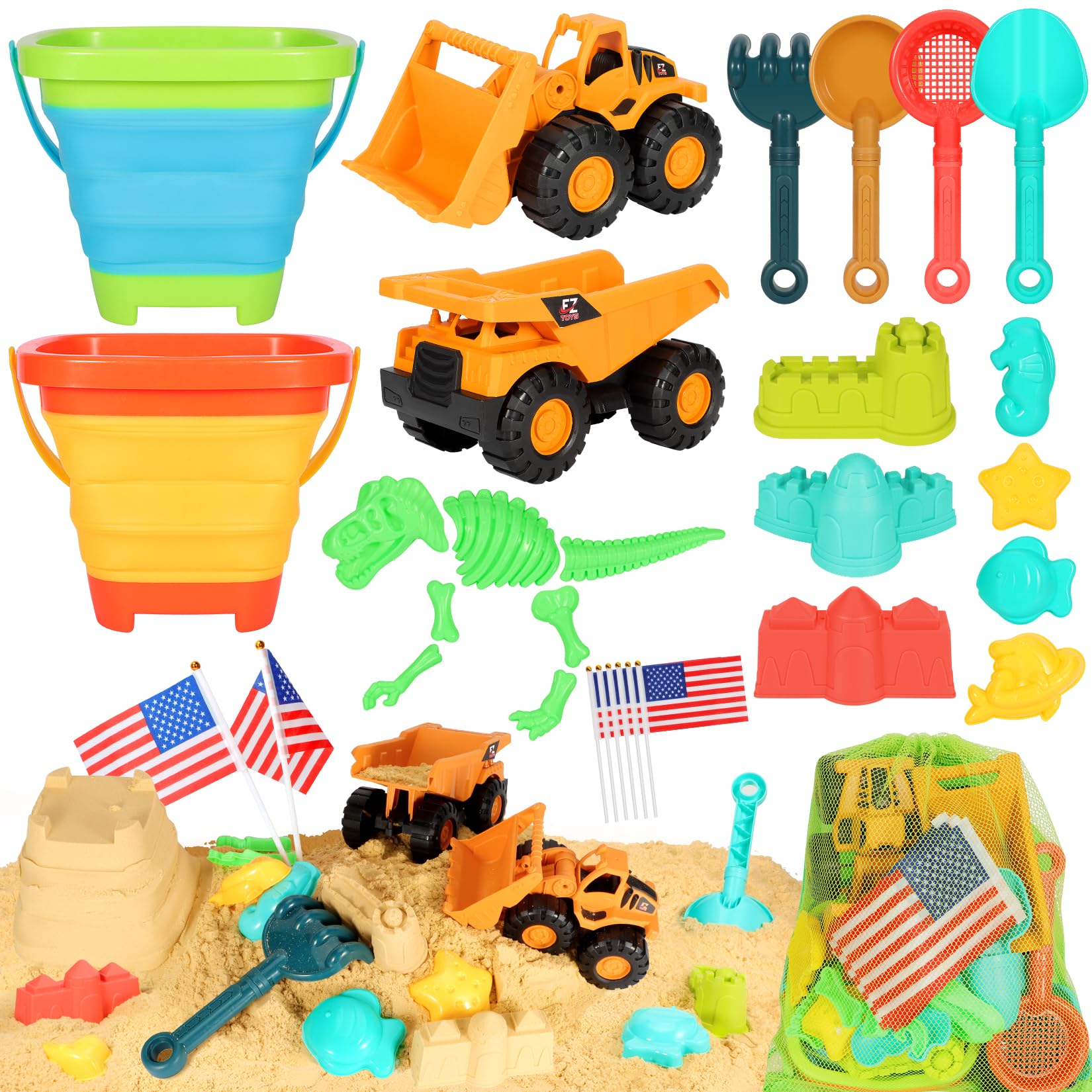 29PCS Beach Sand Toys Set for Kids Ages 3-10 - 2 Collapsible Buckets, 2 Dump Trucks, Dinosaur Molds, Castle Kit, Shovels & Mesh Storage Bag | Outdoor Sandbox & Travel Beach Toys for Toddlers | Perfect for Beach Vacations, Backyard Play & Summer Activities