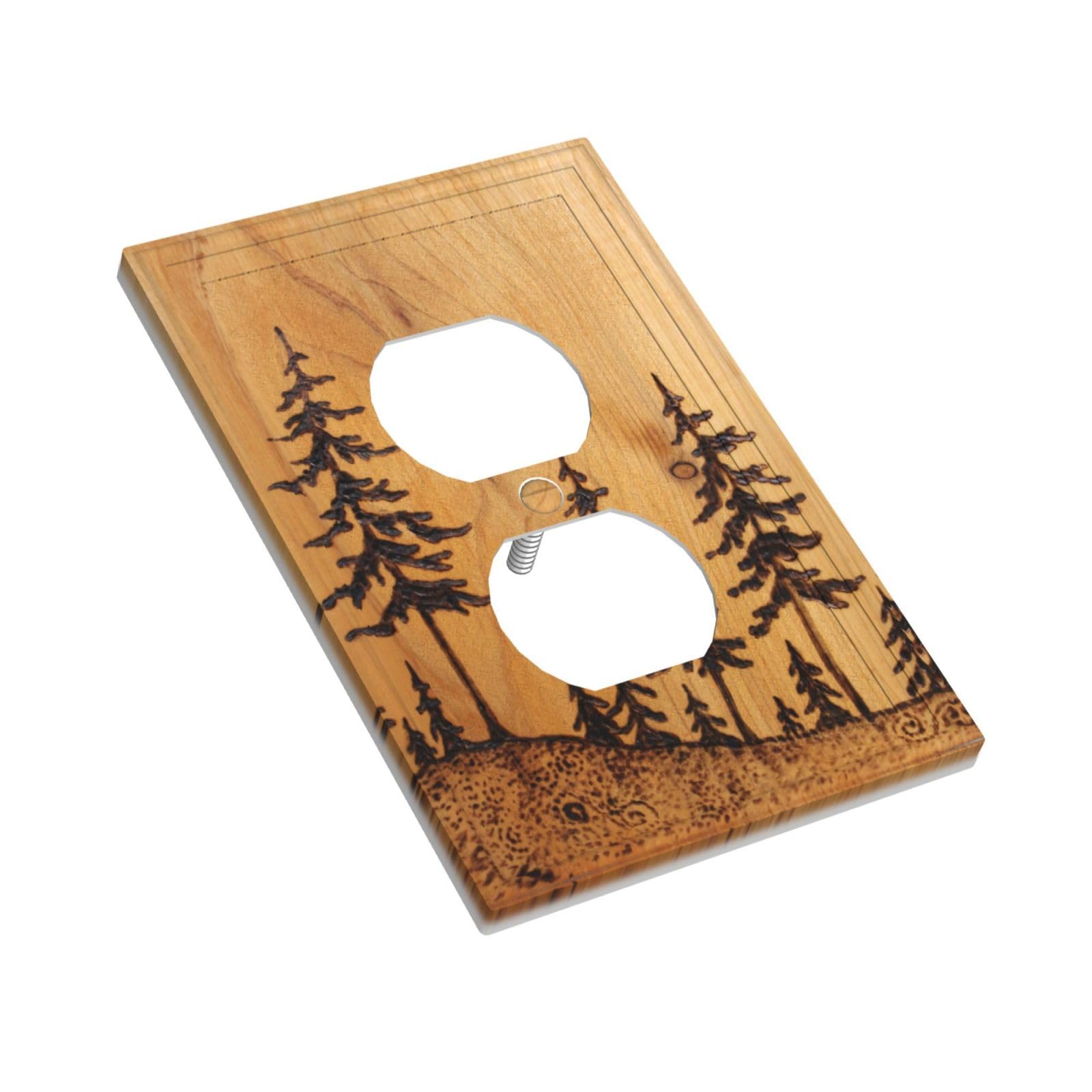 Rustic Wood Pine Tree Print Duplex Outlet Covers - Decorative Farmhouse Light Switch Plates, Standard Size 4.5
