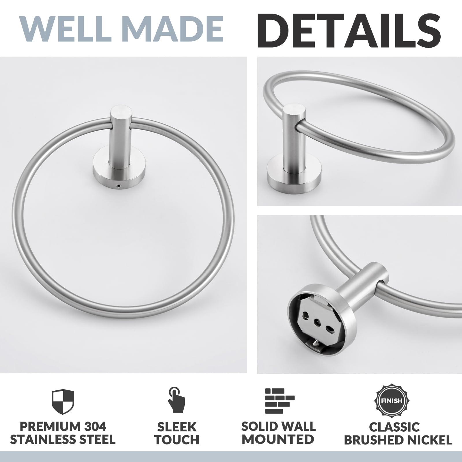 APLusee Brushed Nickel Towel Ring - 304 Stainless Steel Wall Mounted Hand Towel Holder for Bathroom & Kitchen - Single Round Swivel Hanger - Perfect for Small Spaces & Guest Bathrooms