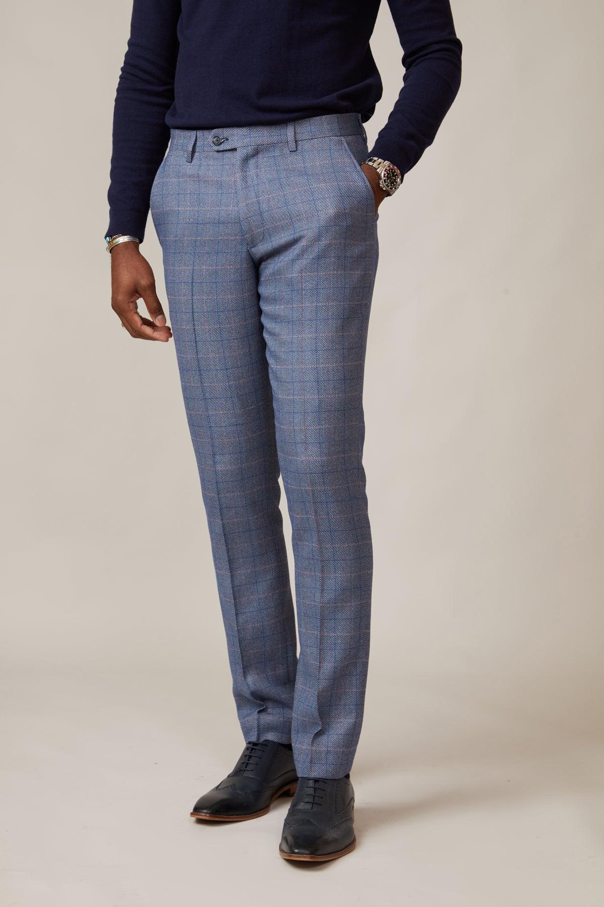 HILTON Blue Tweed Check Trousers for Men - Classic Slim Fit Dress Pants for Office, Business & Formal Occasions