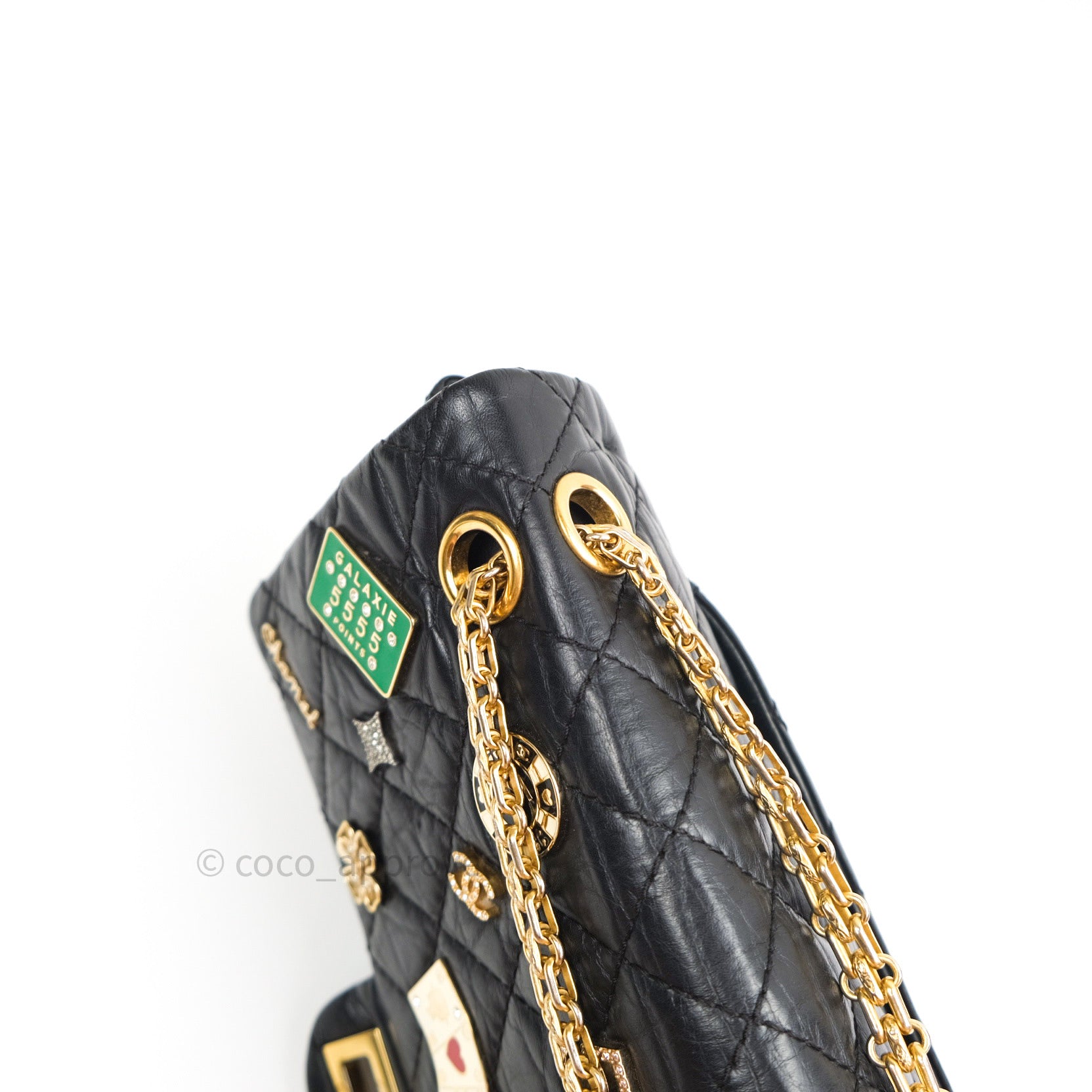 Authentic Chanel 2.55 Reissue 225 Flap Bag - Black Aged Calfskin Leather with Lucky Charms - Perfect for Luxury Fashion, Evening Events & Collector's Items