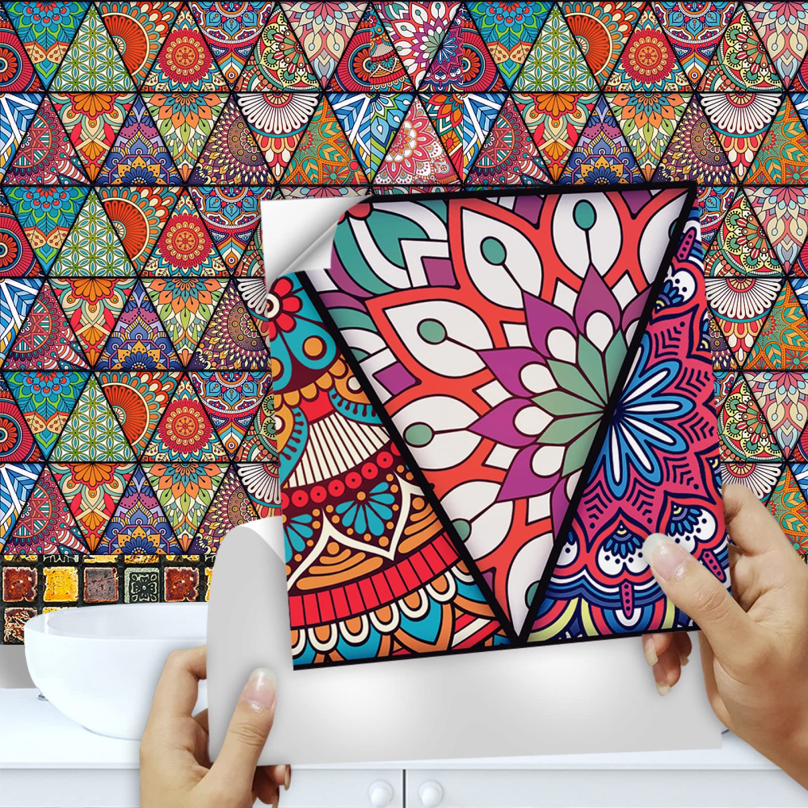 WARRIO Boho Green Red PVC Tile Stickers - Heat Resistant & Waterproof Self-Adhesive Wall Tiles (10x10cm/20pcs) - Perfect for Kitchen Backsplash, Bathroom Decor, and Peel-and-Stick Wallpaper Applications
