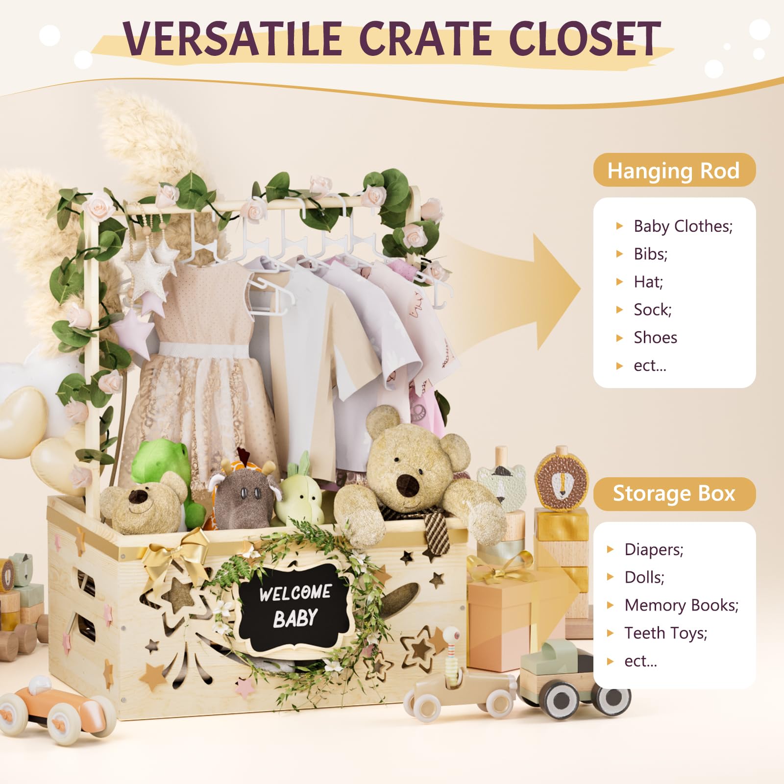 Wooden Baby Shower Gift Crate with Hanger - Newborn Welcome Basket for Boys & Girls | Nursery Storage & Baby Shower Gifts