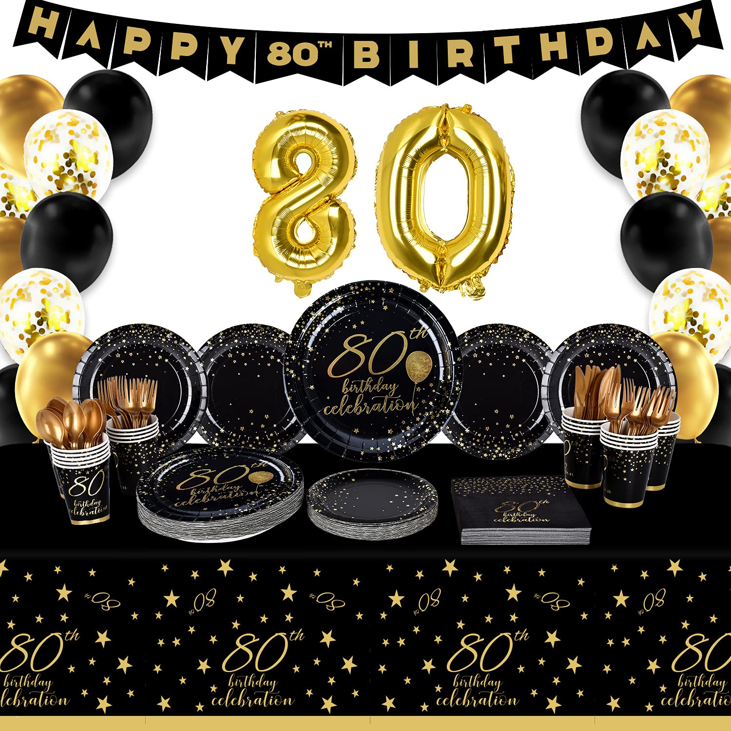 Gatherfun 80th Birthday Party Supplies Set - 25-Pack Disposable Paper Plates, Napkins, Cups, Cutlery & Tablecloth with Black & Gold Balloons & Banner Decorations for Men & Women | Perfect for Milestone Celebrations & Retirement Parties