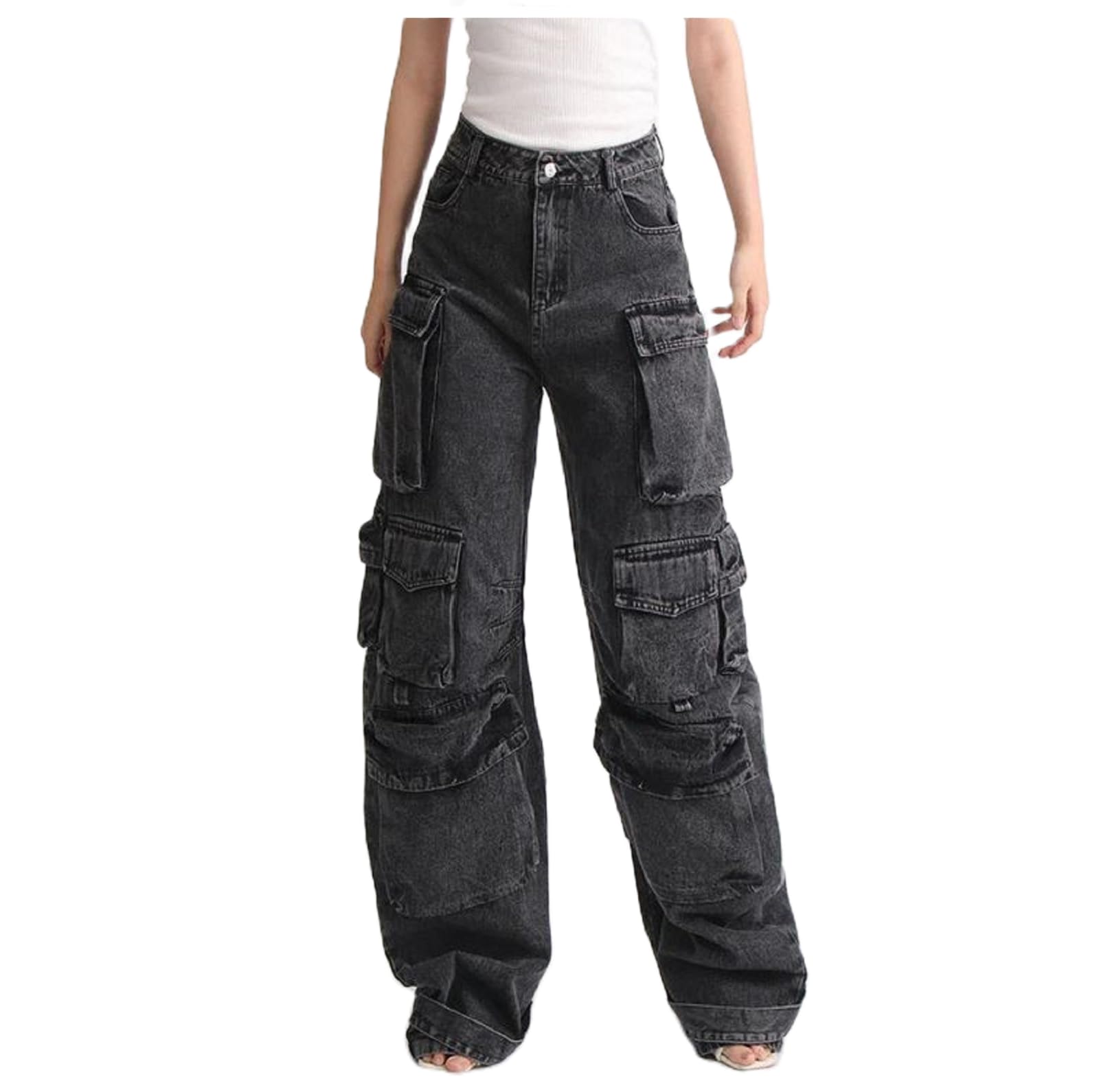 Y2K Women's High Waist Baggy Cargo Jeans - Wide Leg Flap Pocket Denim Pants for Streetwear & Grunge Fashion | Perfect for Casual Outfits, Music Festivals, and Urban Street Style