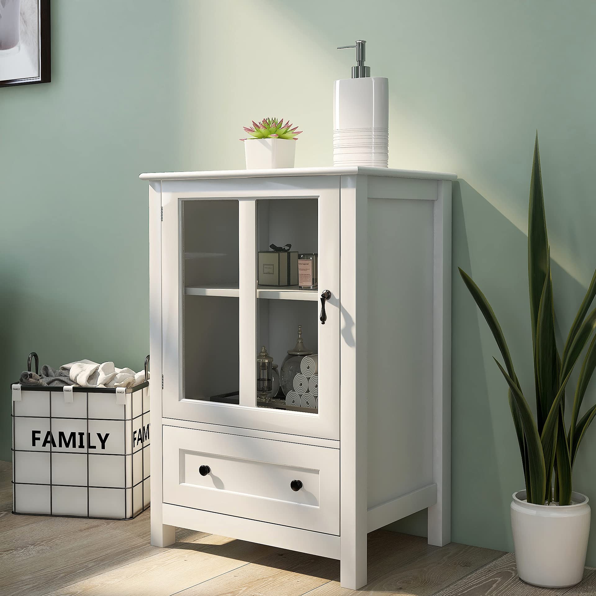LERFAN Buffet Sideboard with Bottom Drawer & Glass Door Cabinet - Unique Bell Handle Display Storage for Living Room & Kitchen | Perfect for Dining Room Organization & China Display