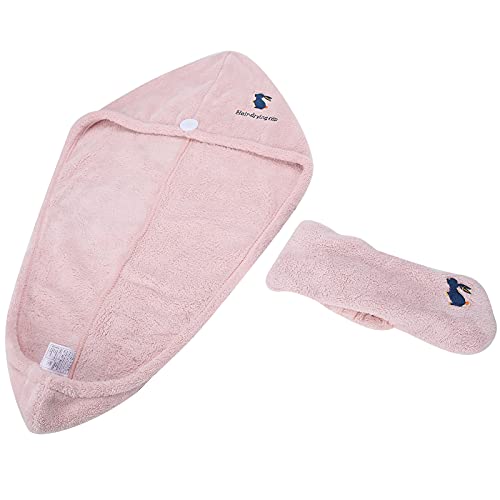 Soft Coral Fleece Hair Towel Wrap - Ultra Absorbent & Lightweight Hair Drying Cap for Women & Men - Quick Dry After Shower, Washing Face & Makeup (Pink Hair Towel + Matching Headband) - Perfect for Salon, Spa, Home & Travel Use