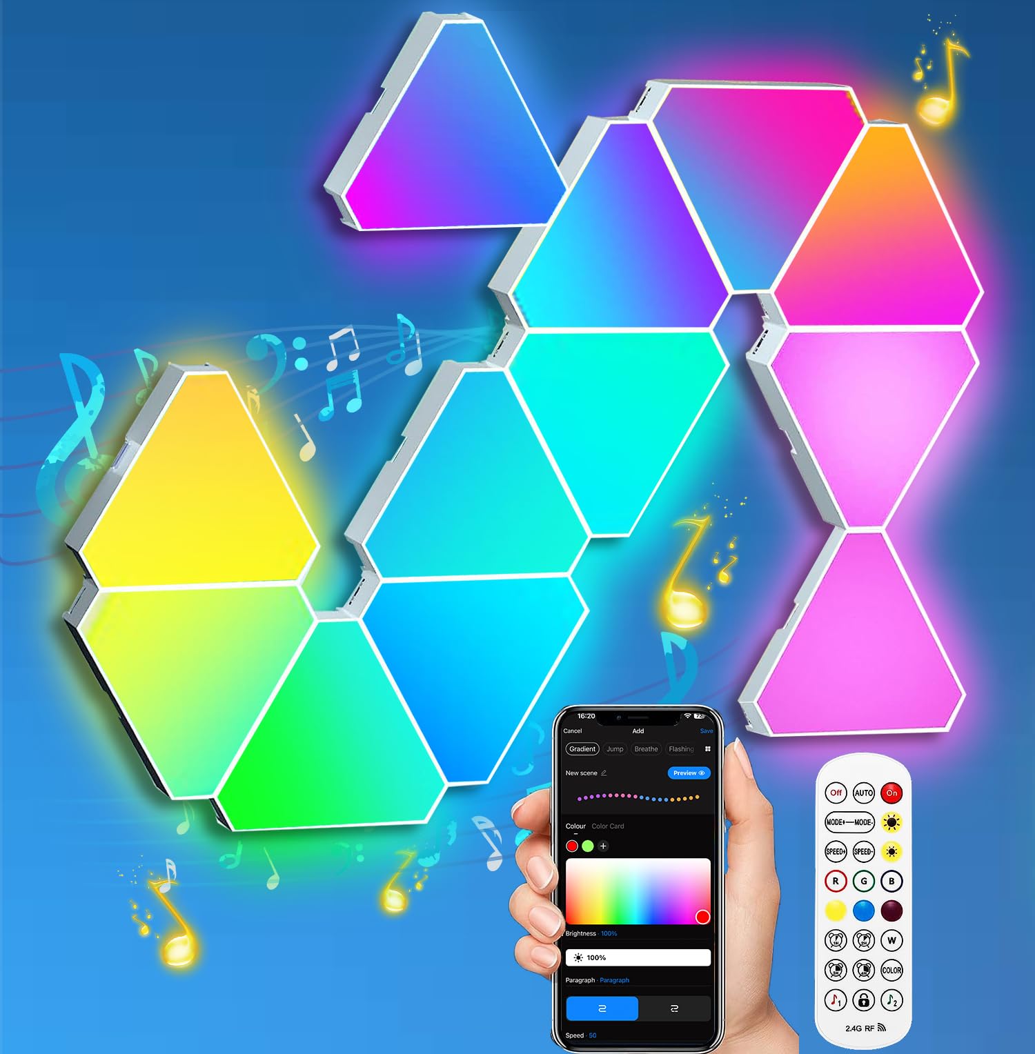 RGB Triangle LED Wall Lights for Gaming Room & Bedroom - 12 Pack Smart Home Light Panels with Alexa & Google Assistant Compatibility - APP/Voice/Remote Control, Music Sync Lighting for Gaming Setup, Home Theater & Party Decor
