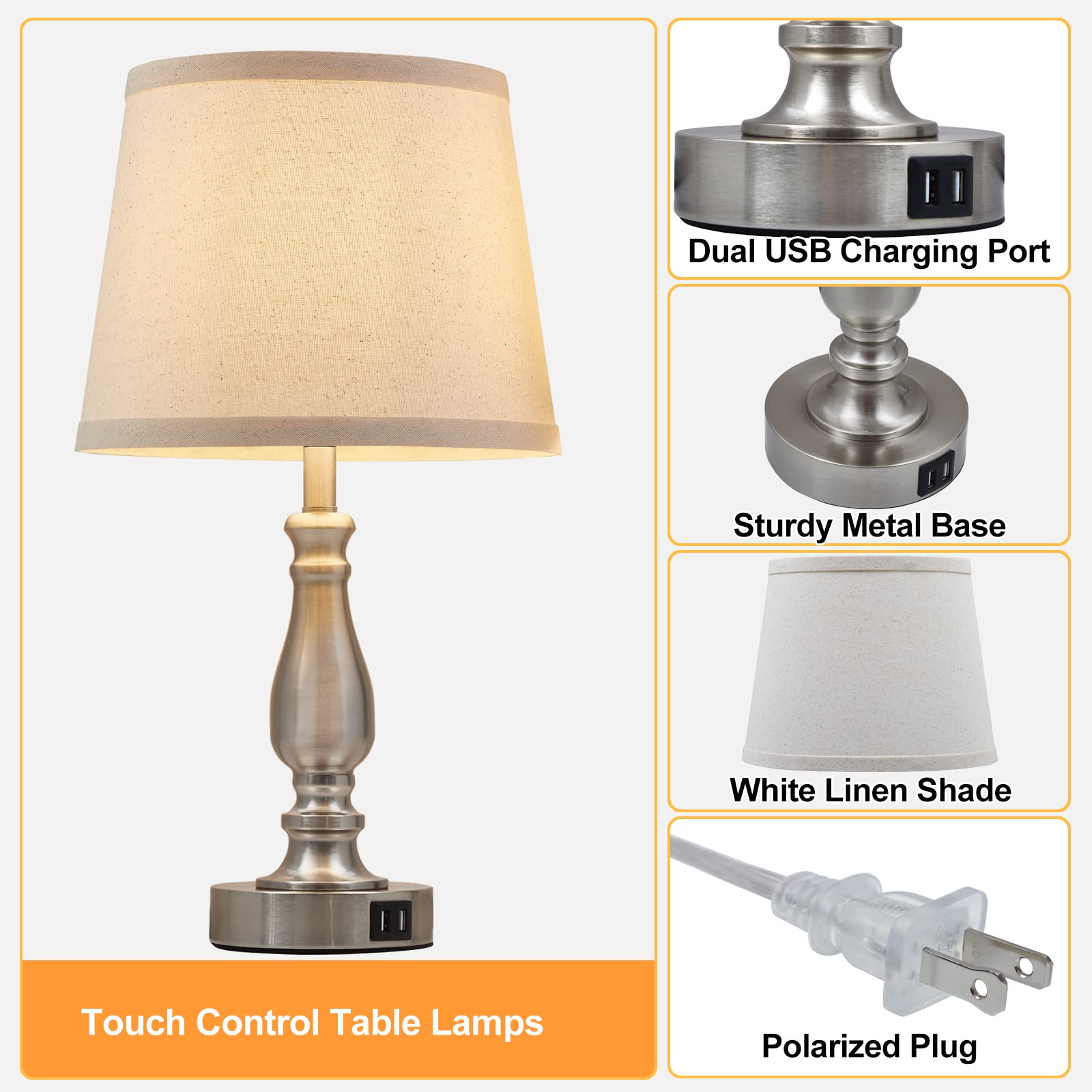 Set of 2 Brushed Nickel Bedside Lamps with USB Ports & 3-Way Dimmable Touch Control - Fabric Lampshade Nightstand Lights for Bedroom, Living Room & Office (Bulbs Included) | Perfect for Reading, Working & Creating Cozy Ambiance