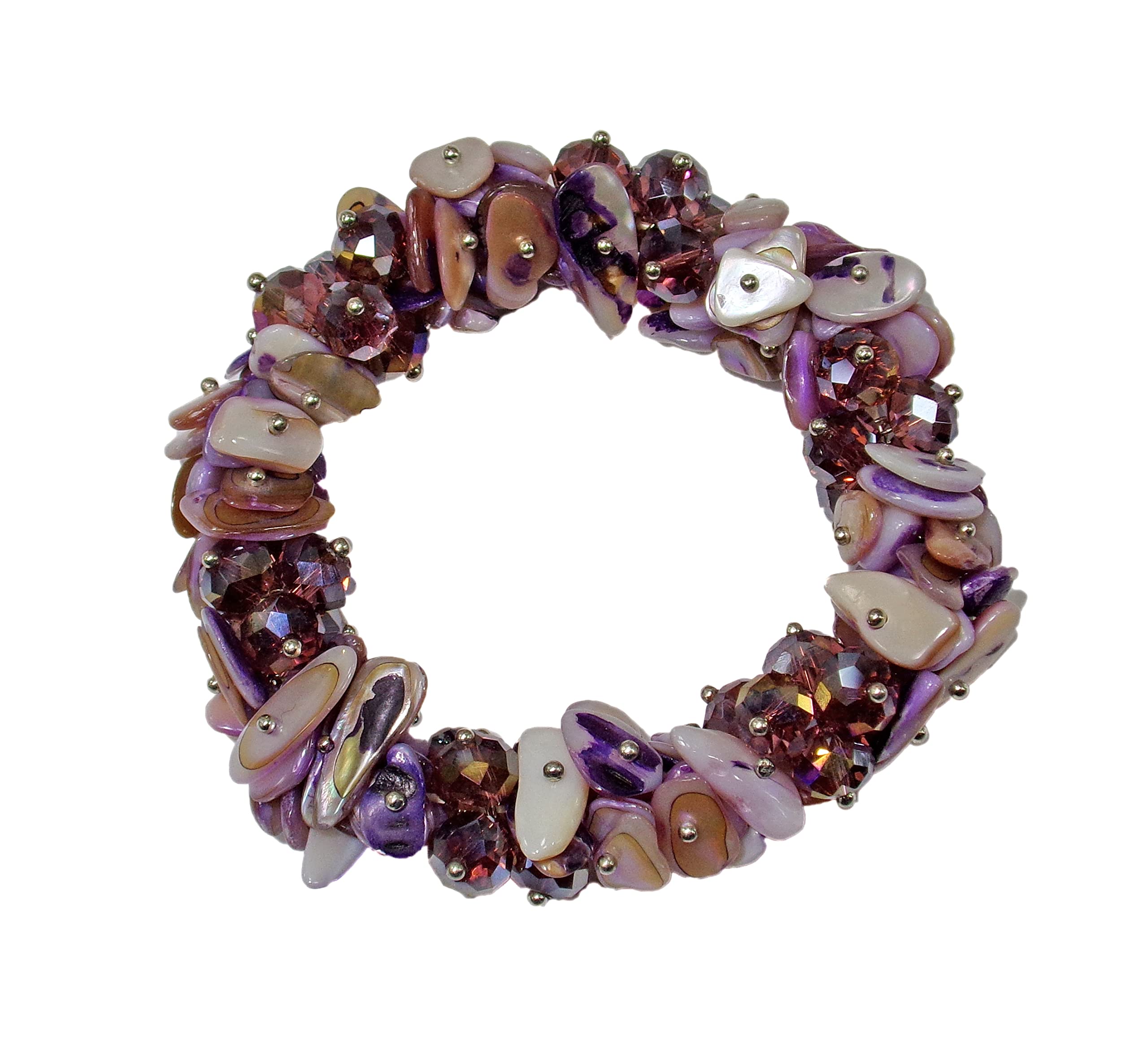 Purple Shell & Glass Beaded Stretch Bracelet with Silver Beads - Handmade Bohemian Jewelry for Women, Gift for Her | Perfect for Parties, Weddings & Everyday Wear