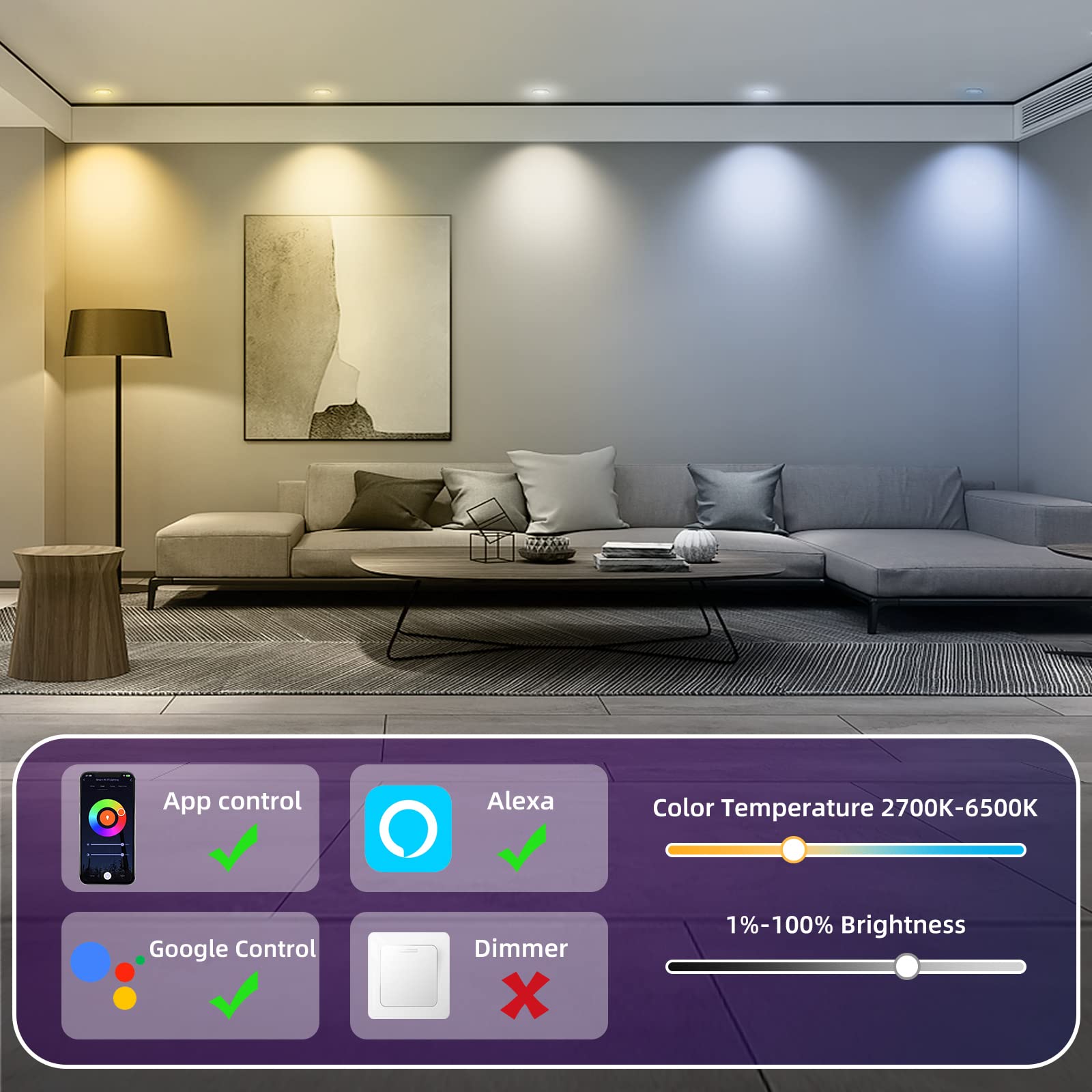 Smart Recessed Lighting 4 Inch - Wi-Fi RGBCW Color Changing Gimbal LED Lights, Dimmable Eyeball Lights with Junction Box (2700K-6500K Adjustable), Music Sync, Alexa & Google Assistant Compatible - 4 Pack - Perfect for Bedroom, Living Room & Home Theater Lighting