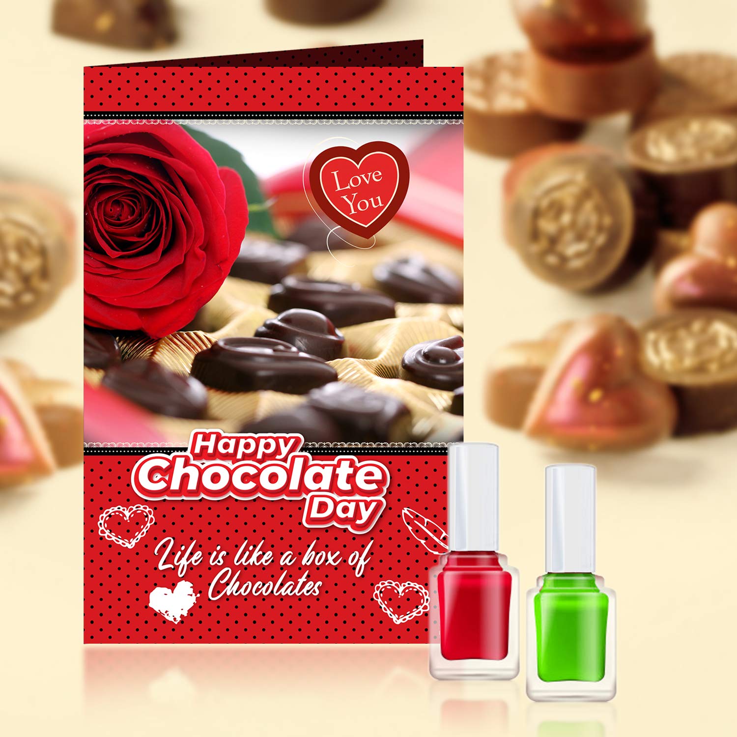 Love You Happy Chocolate Day Greeting Card with 2 Long-Lasting Nail Polishes - Perfect Gift for Women, Birthday, Anniversary & Valentine's Day | Life is Like A Box of Chocolates Theme