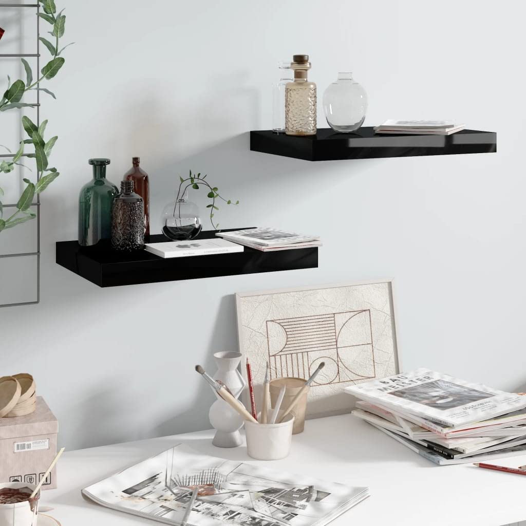 Floating Wall Shelves Set of 2 - Modern High Gloss Black MDF Display Shelves (15.7